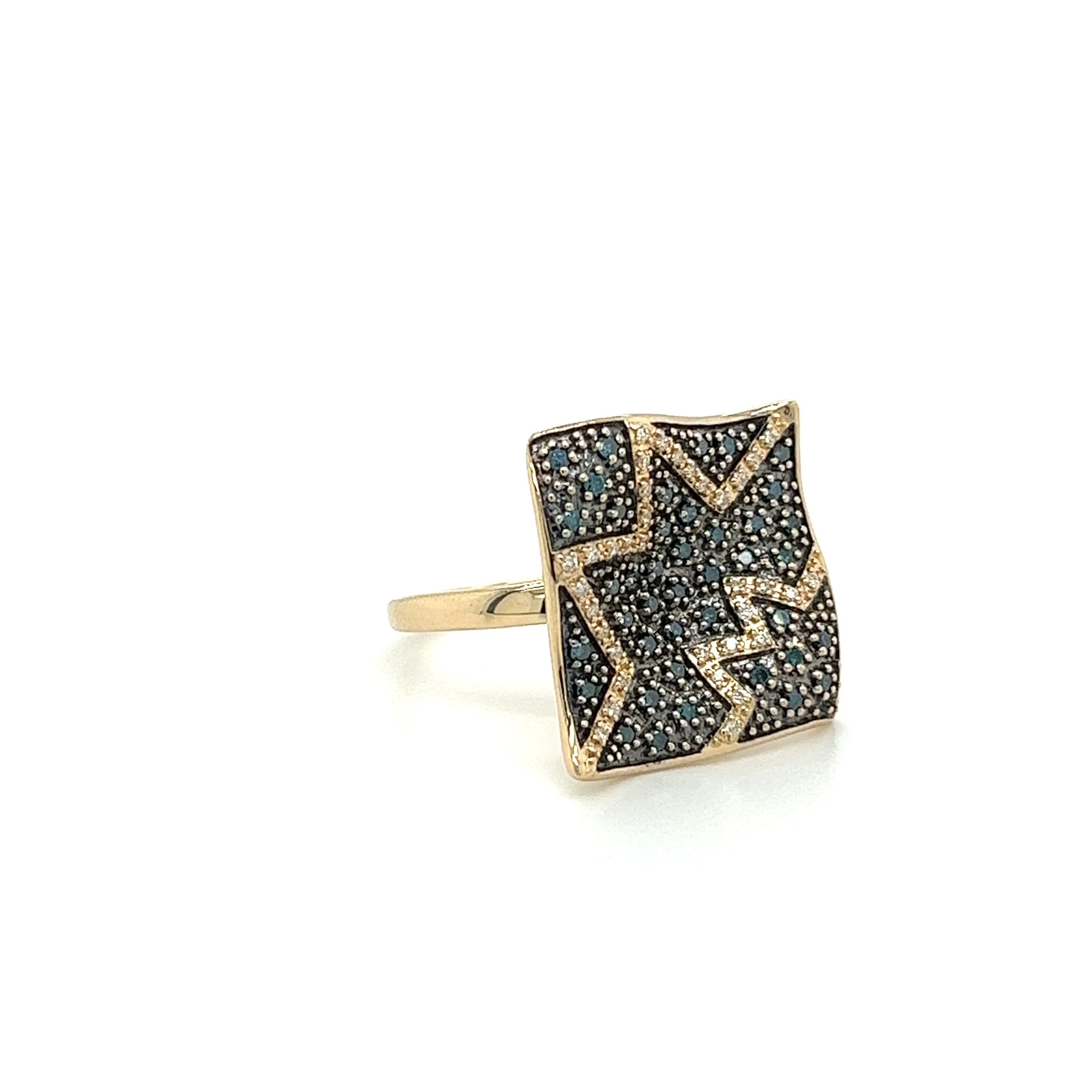 Natural Blue and White Diamond Cluster Wide Frame Flat Wavy Ring in 14K Yellow Gold - Image 2