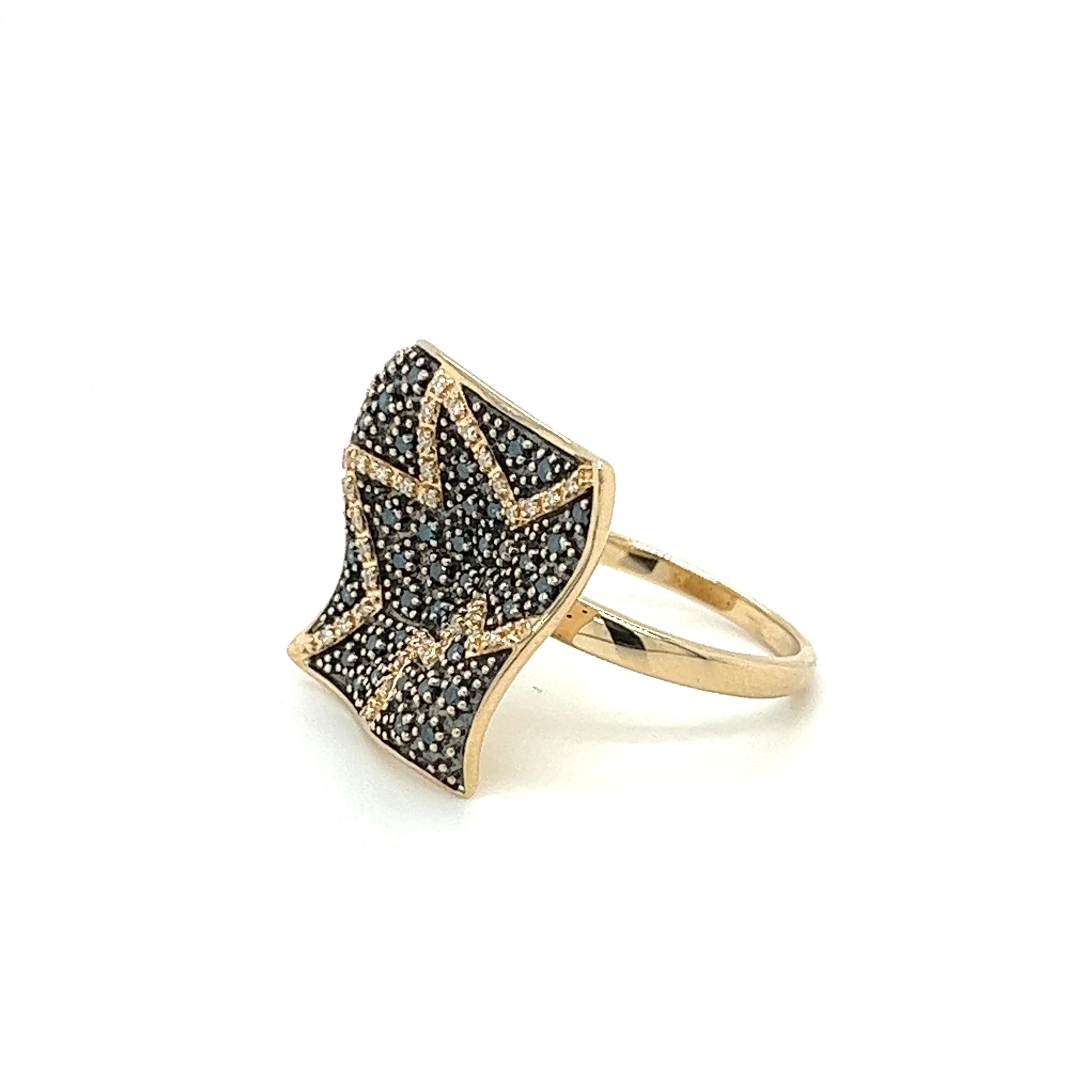 Natural Blue and White Diamond Cluster Wide Frame Flat Wavy Ring in 14K Yellow Gold - Image 4