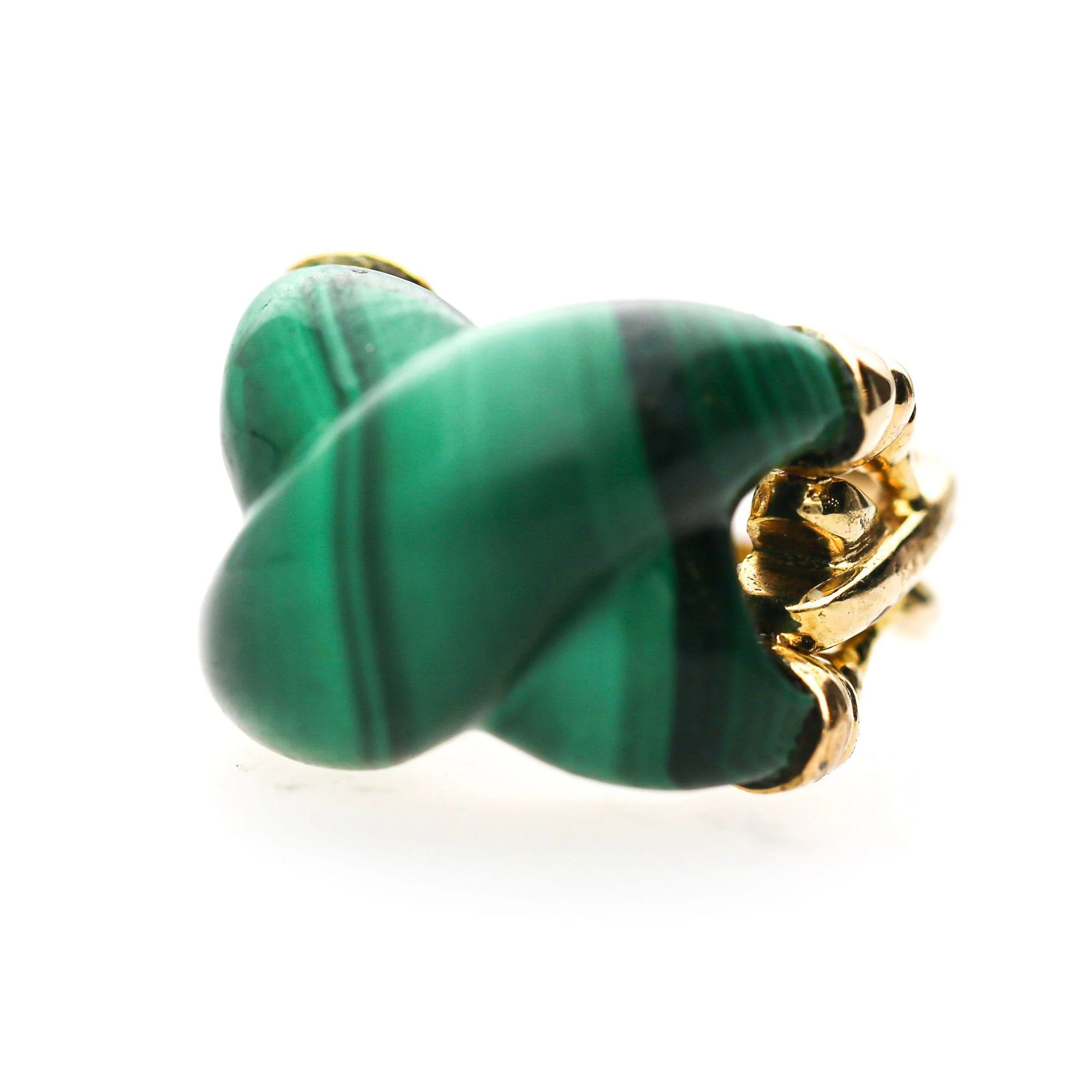 Natural Carved Malachite Quatrefoil Floral Dome Four-Prong 14K Yellow Gold Ring - Image 3