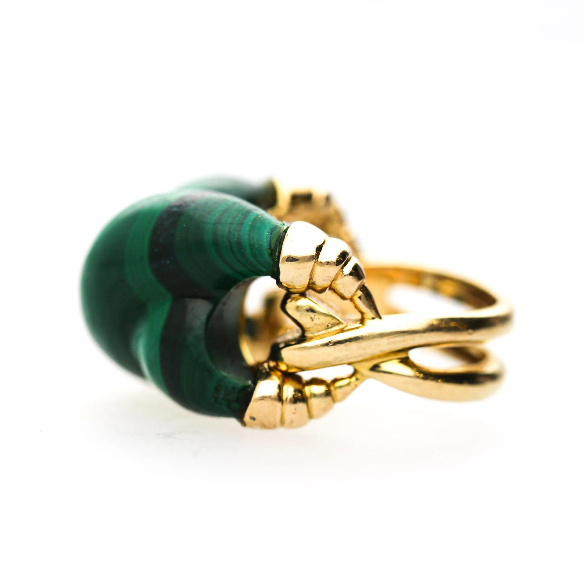 Natural Carved Malachite Quatrefoil Floral Dome Four-Prong 14K Yellow Gold Ring - Image 4