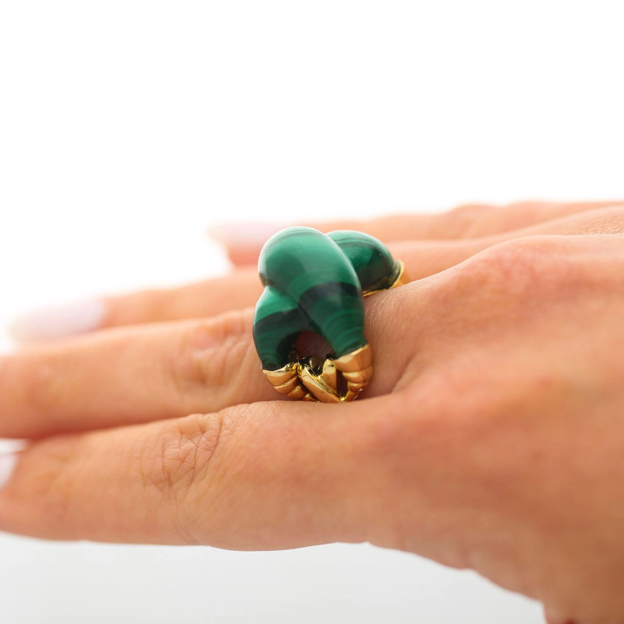 Natural Carved Malachite Quatrefoil Floral Dome Four-Prong 14K Yellow Gold Ring - Image 5