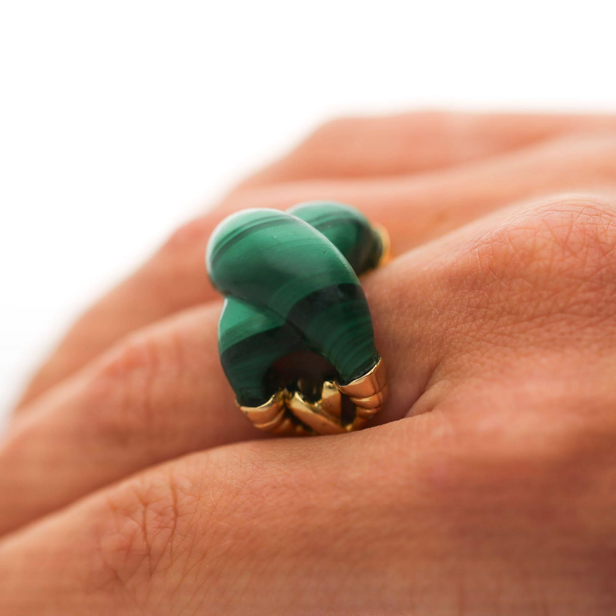 Natural Carved Malachite Quatrefoil Floral Dome Four-Prong 14K Yellow Gold Ring - Image 7