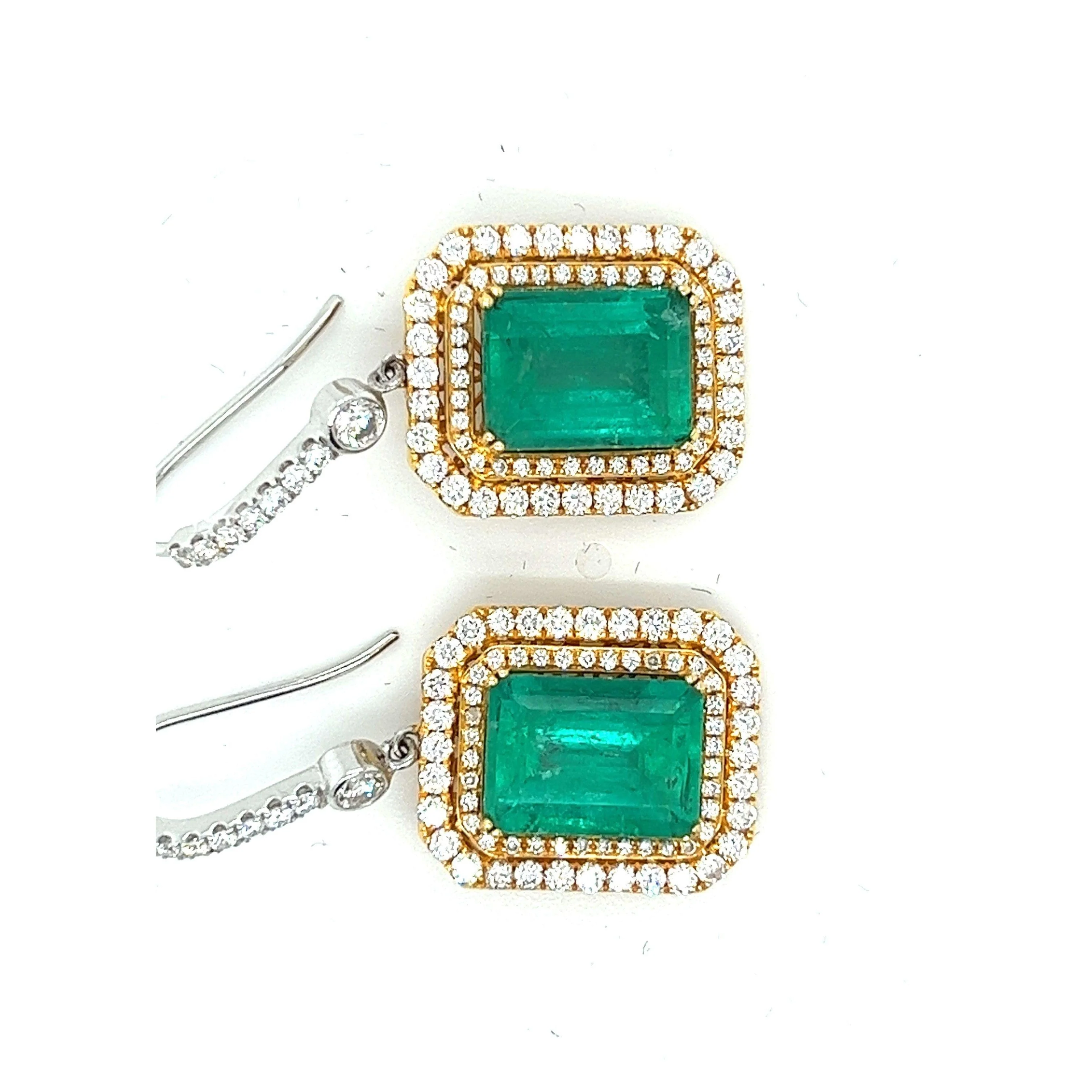 Natural Colombian 7.36 CTTW Emerald & Diamond Halo Dangle Drop 18K Gold Earrings - Image 5