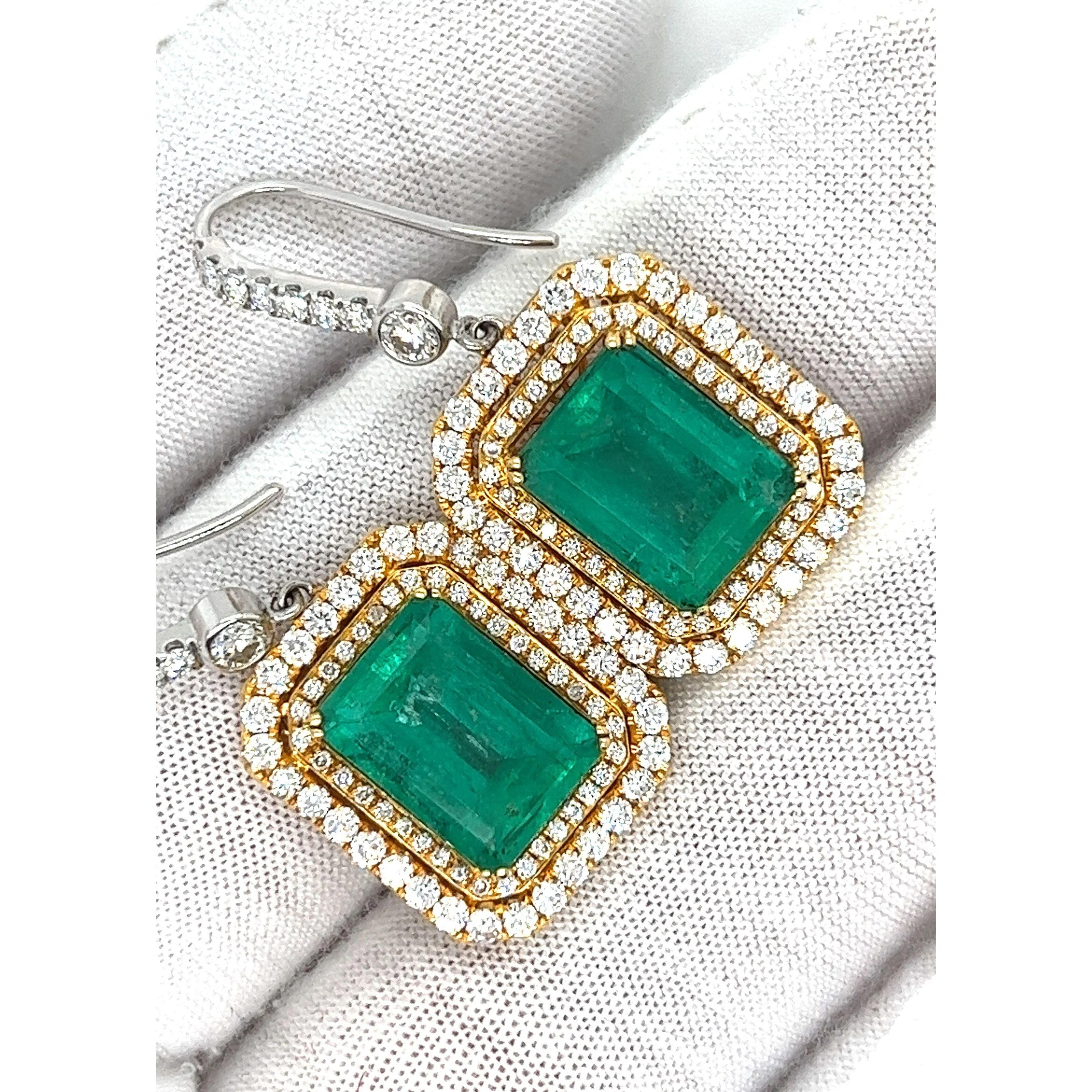 Natural Colombian 7.36 CTTW Emerald & Diamond Halo Dangle Drop 18K Gold Earrings - Image 8