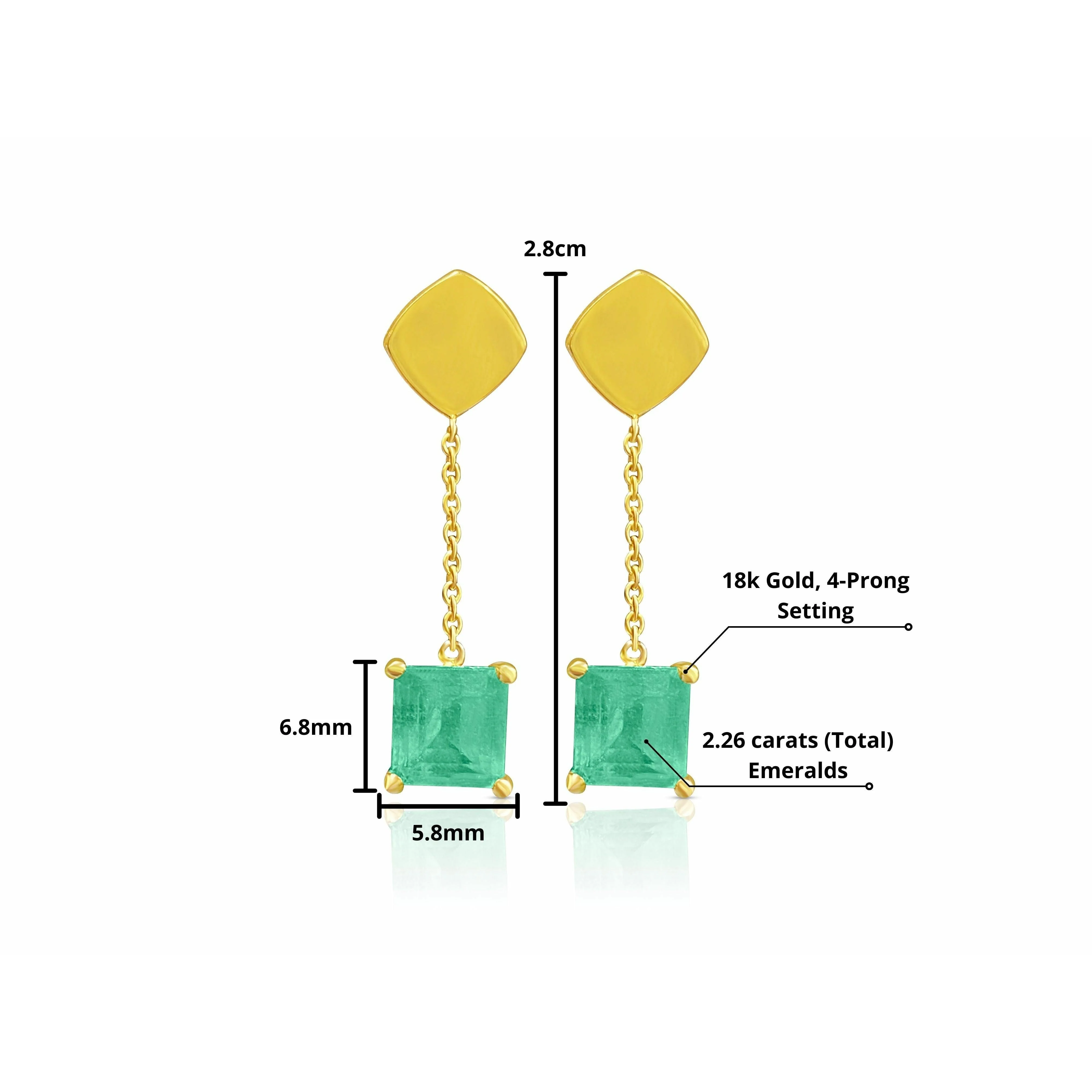 Natural Colombian Emerald Square cut drop Earrings in 18k solid gold - Image 4