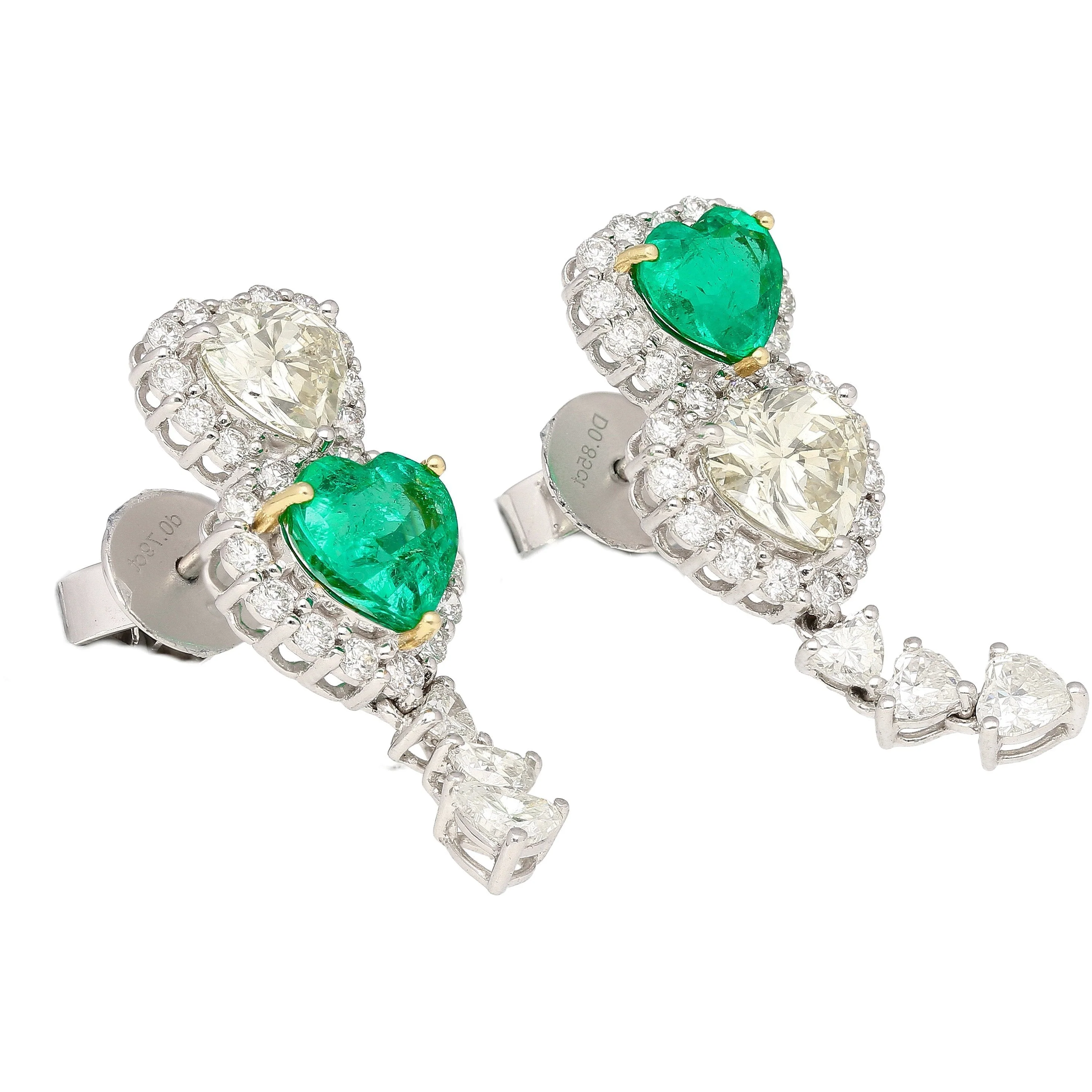 Natural Diamond and Emerald Heart Cut Mirrored Drop Earrings in 18k White Gold - Image 4