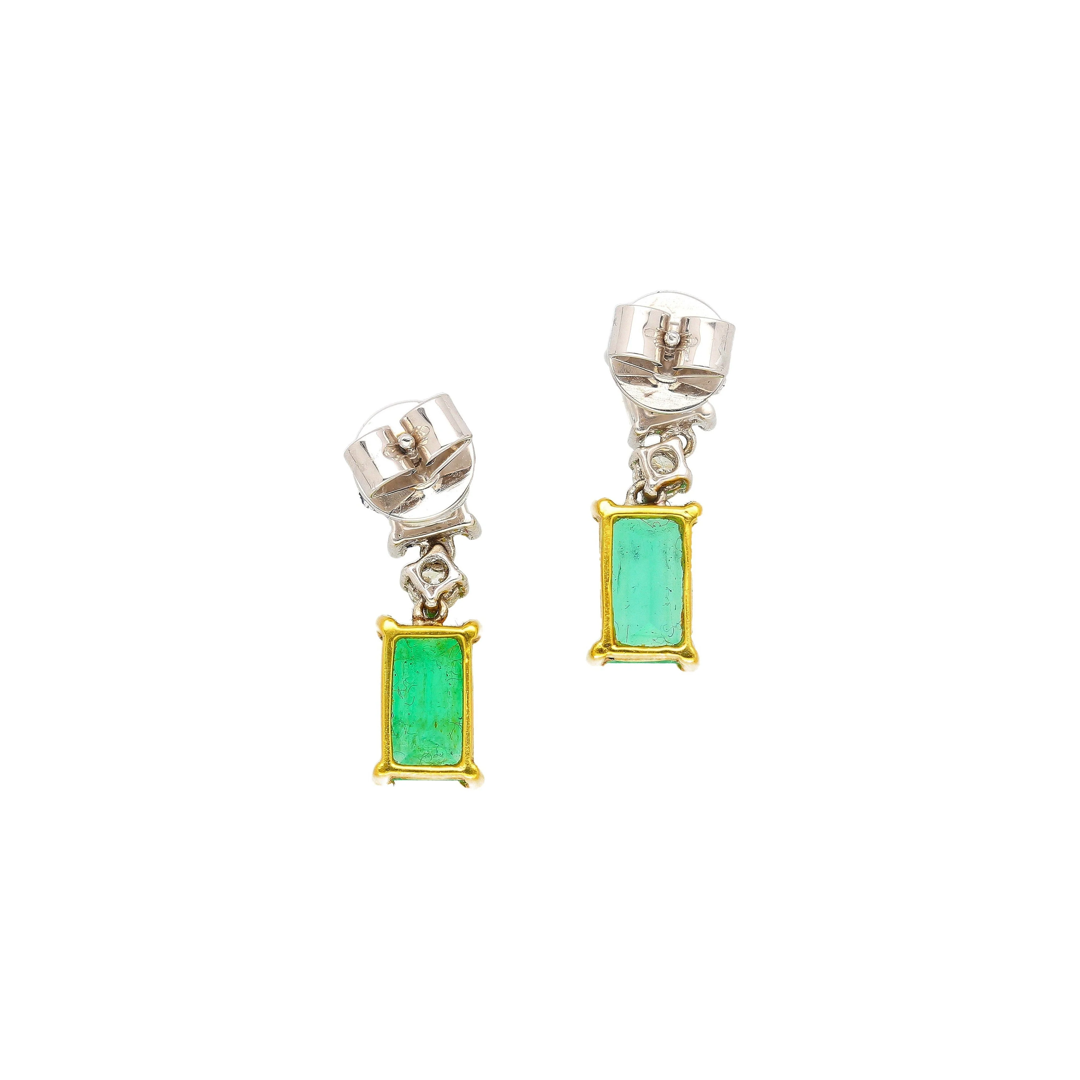 Natural Elongated Emerald and Diamond Drop Earrings in 18K Gold - Image 3