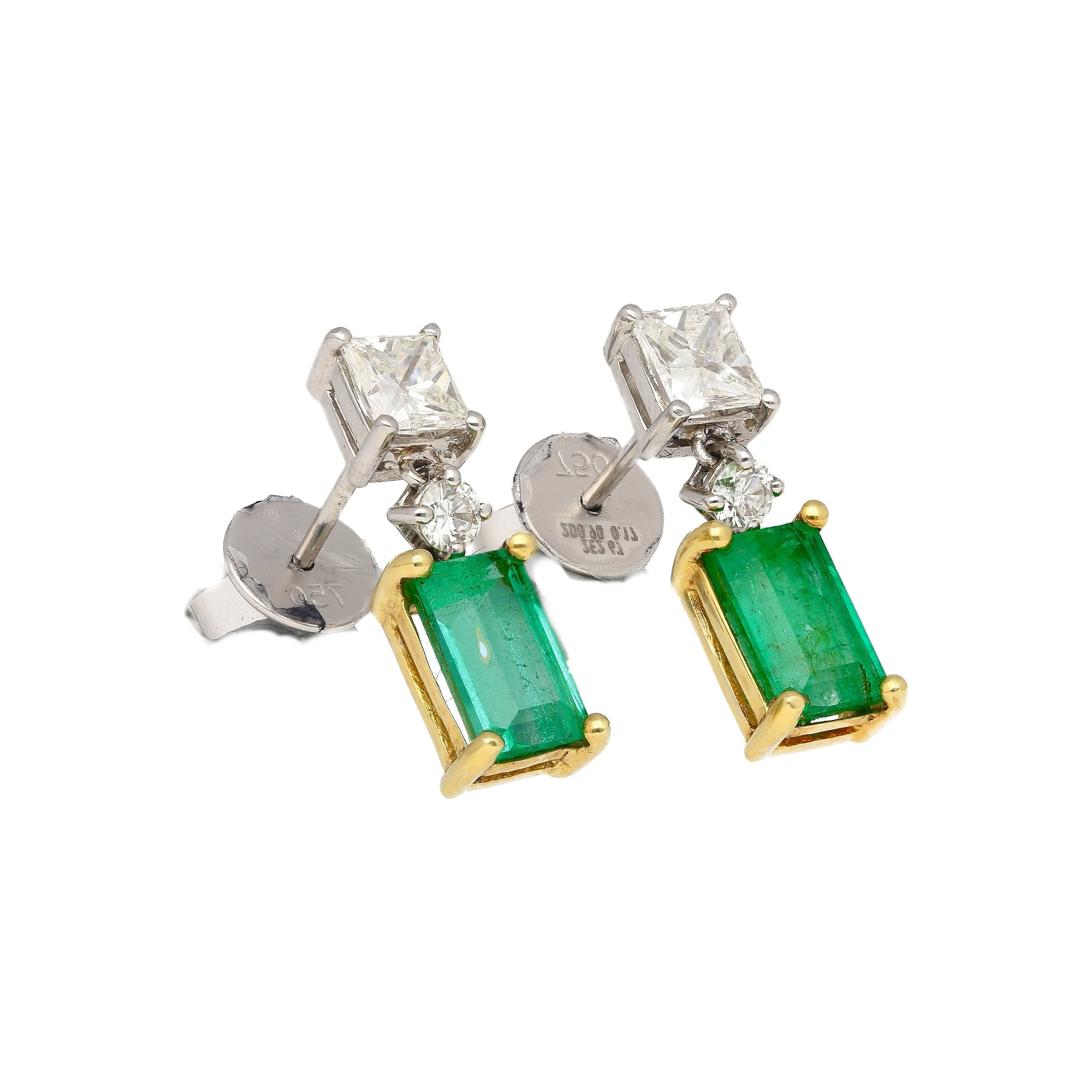 Natural Elongated Emerald and Diamond Drop Earrings in 18K Gold - Image 4