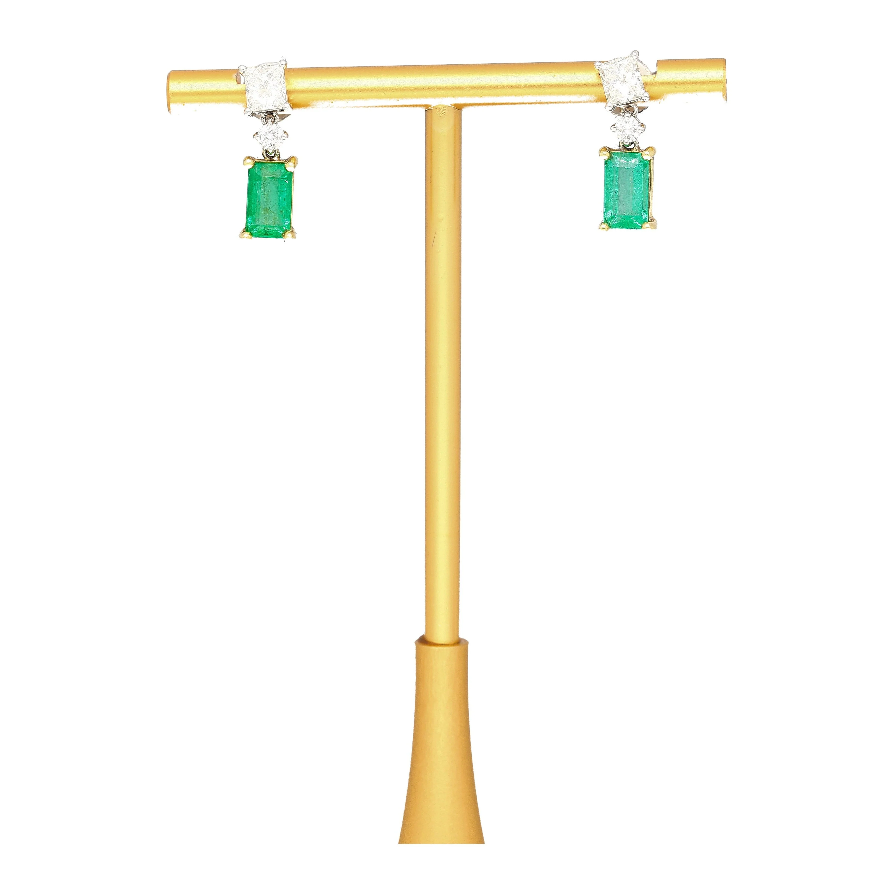 Natural Elongated Emerald and Diamond Drop Earrings in 18K Gold - Image 5