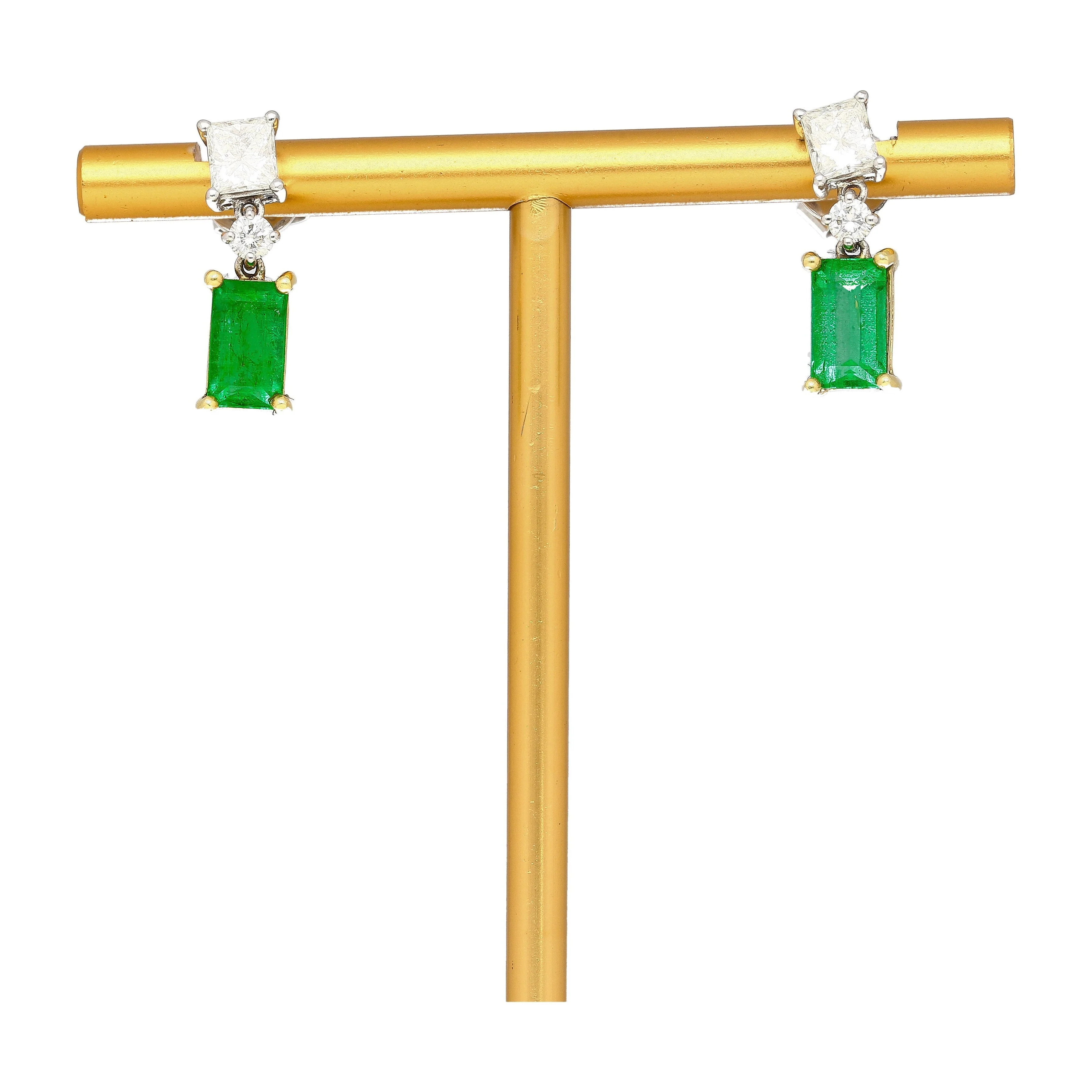 Natural Elongated Emerald and Diamond Drop Earrings in 18K Gold - Image 6