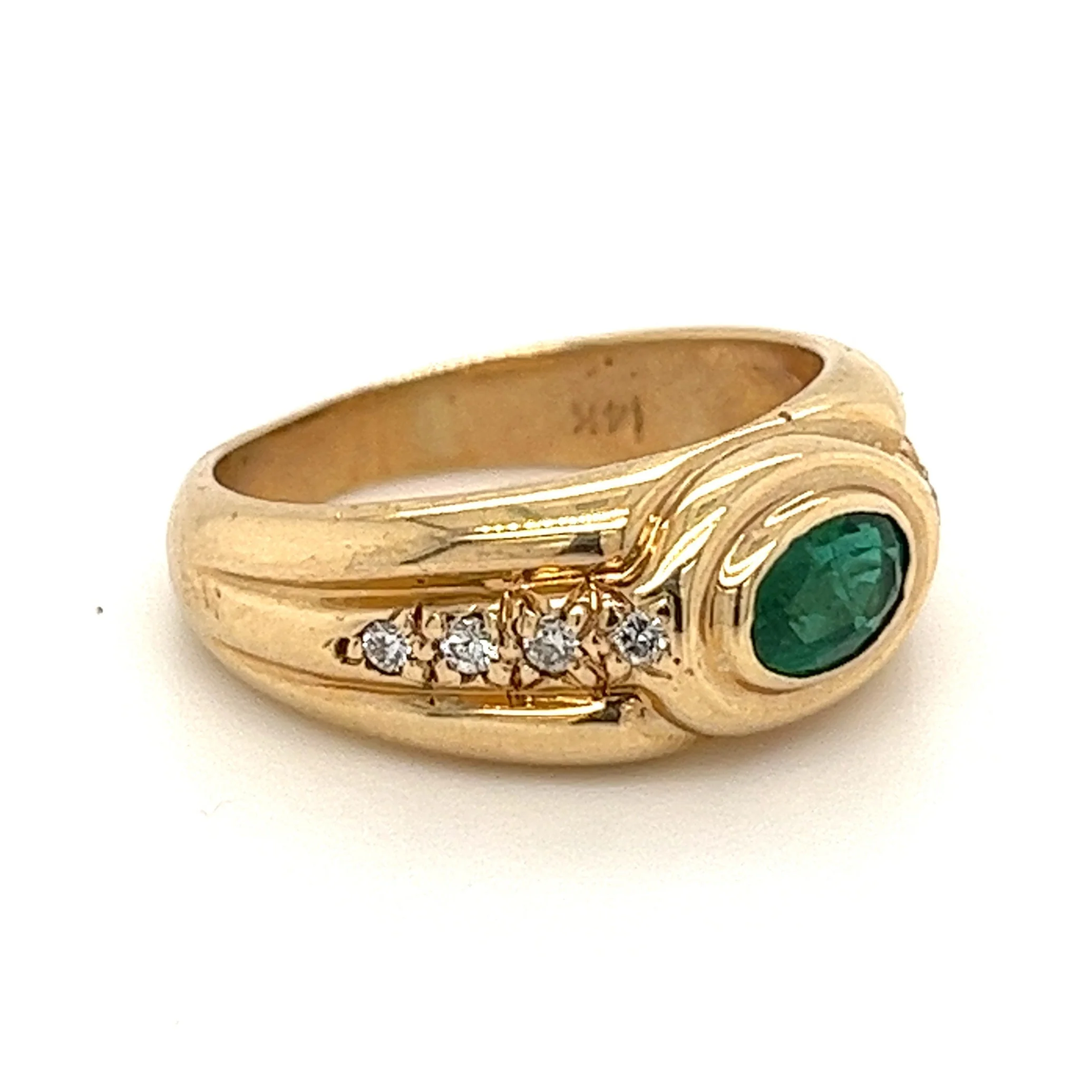 Natural Emerald and Diamond Gold Bezel Set Unisex Ring in 14K Gold - Image 2
