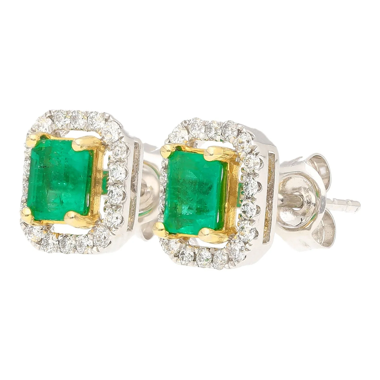 Natural Emerald and Diamond Halo Stud Earrings in 18K White Gold - Image 2