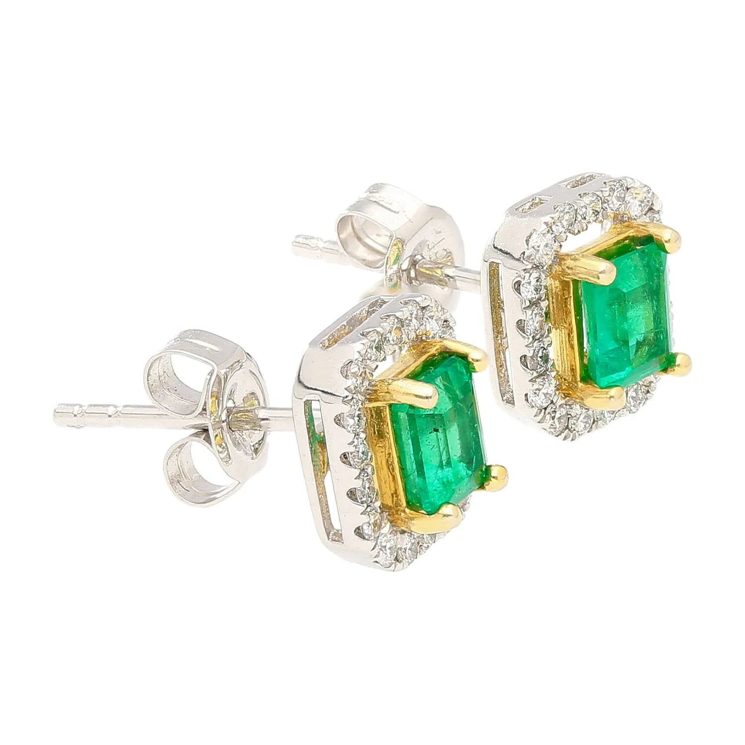 Natural Emerald and Diamond Halo Stud Earrings in 18K White Gold - Image 3
