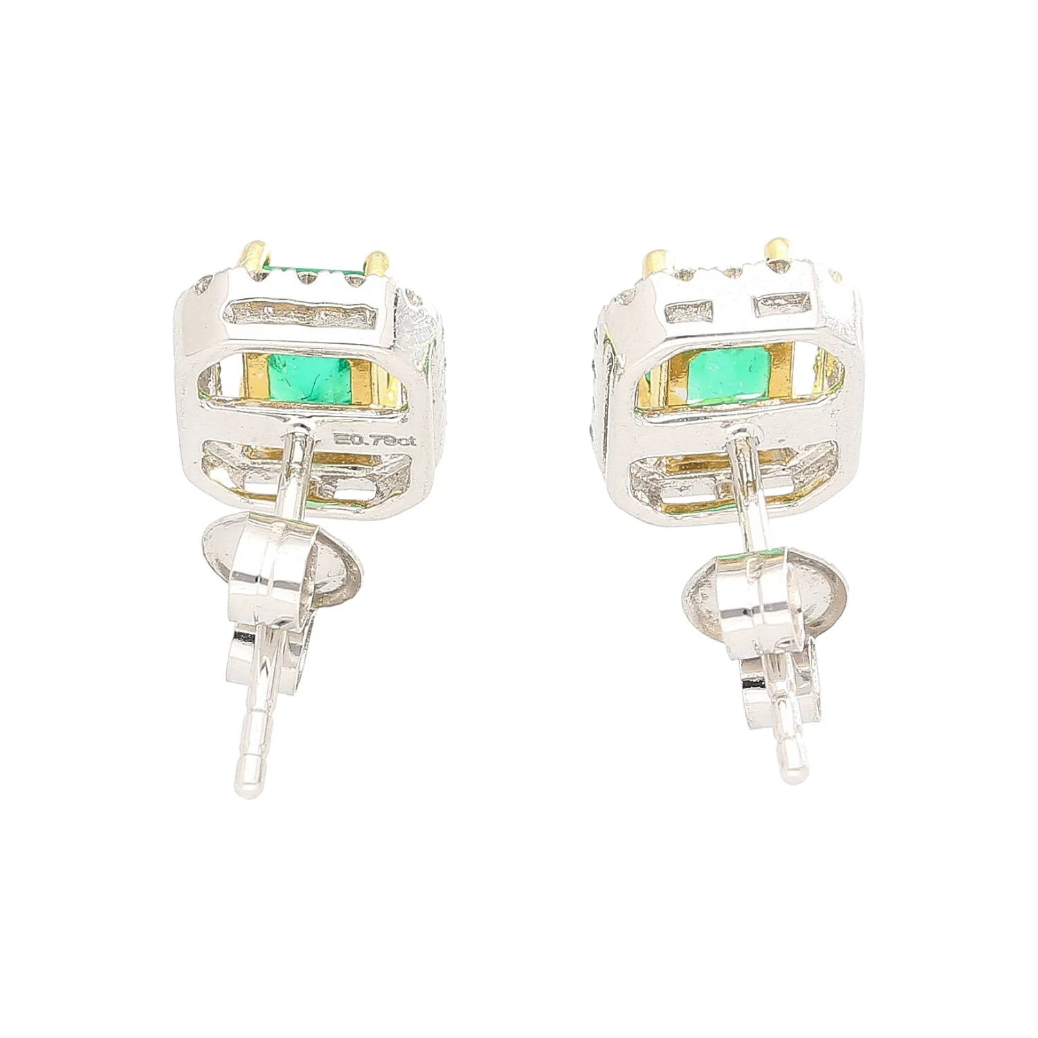 Natural Emerald and Diamond Halo Stud Earrings in 18K White Gold - Image 4