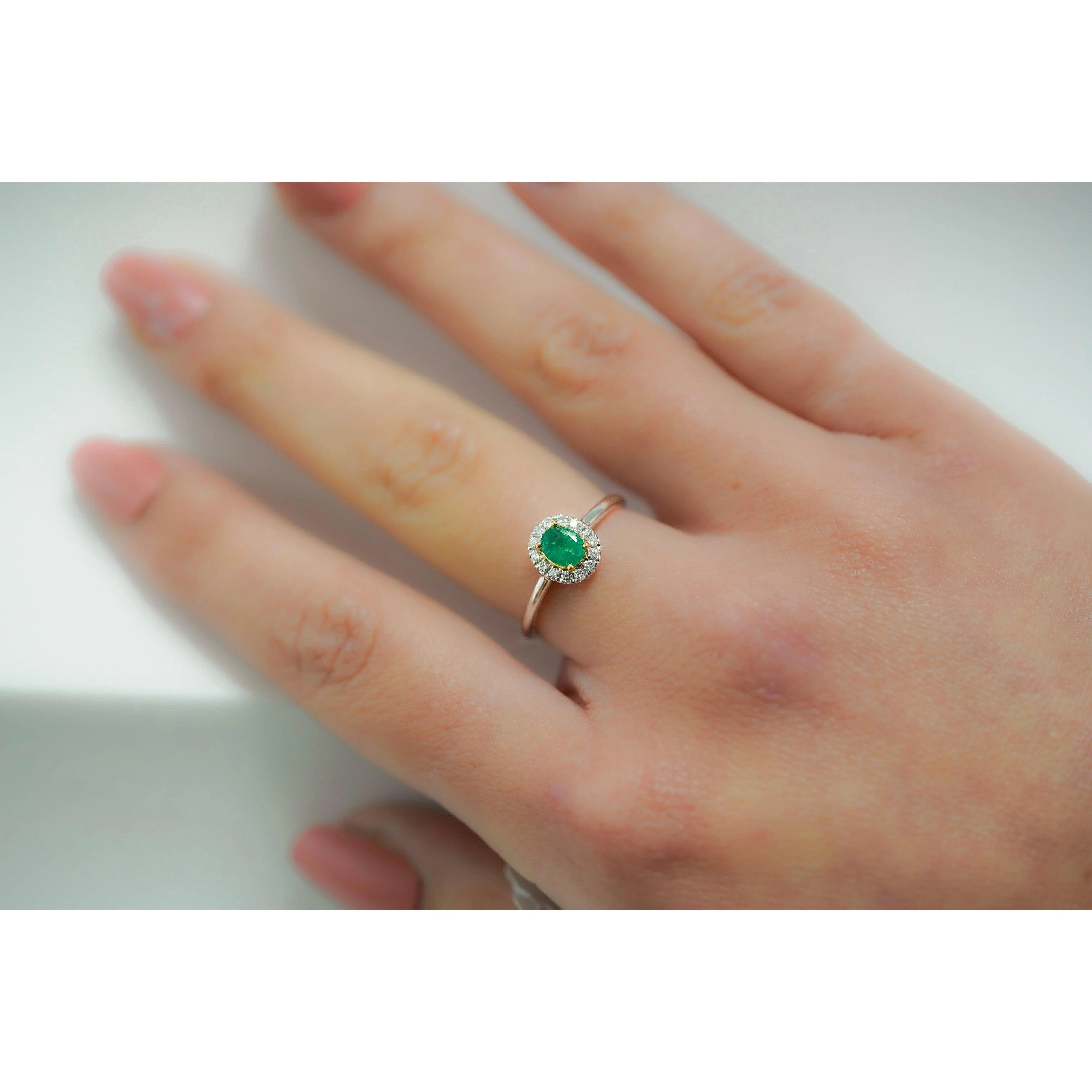 2/3 Carat Natural Emerald & Diamond Oval Halo Thin Band Ring in 18K White Gold - Image 10