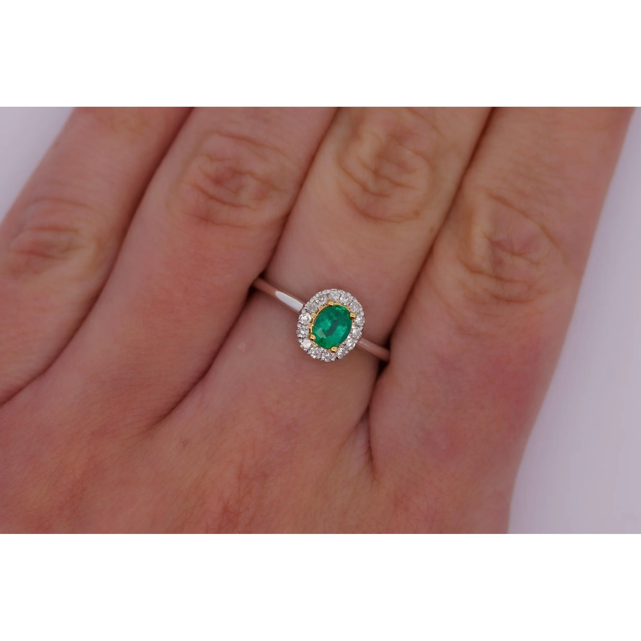 2/3 Carat Natural Emerald & Diamond Oval Halo Thin Band Ring in 18K White Gold - Image 2