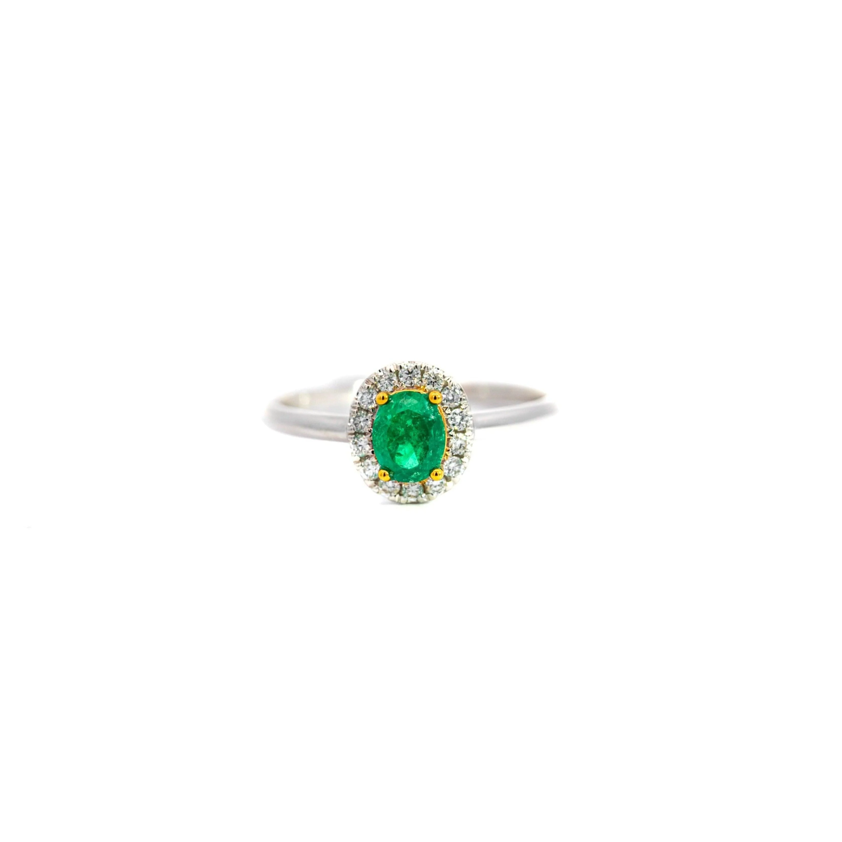 2/3 Carat Natural Emerald & Diamond Oval Halo Thin Band Ring in 18K White Gold - Image 3