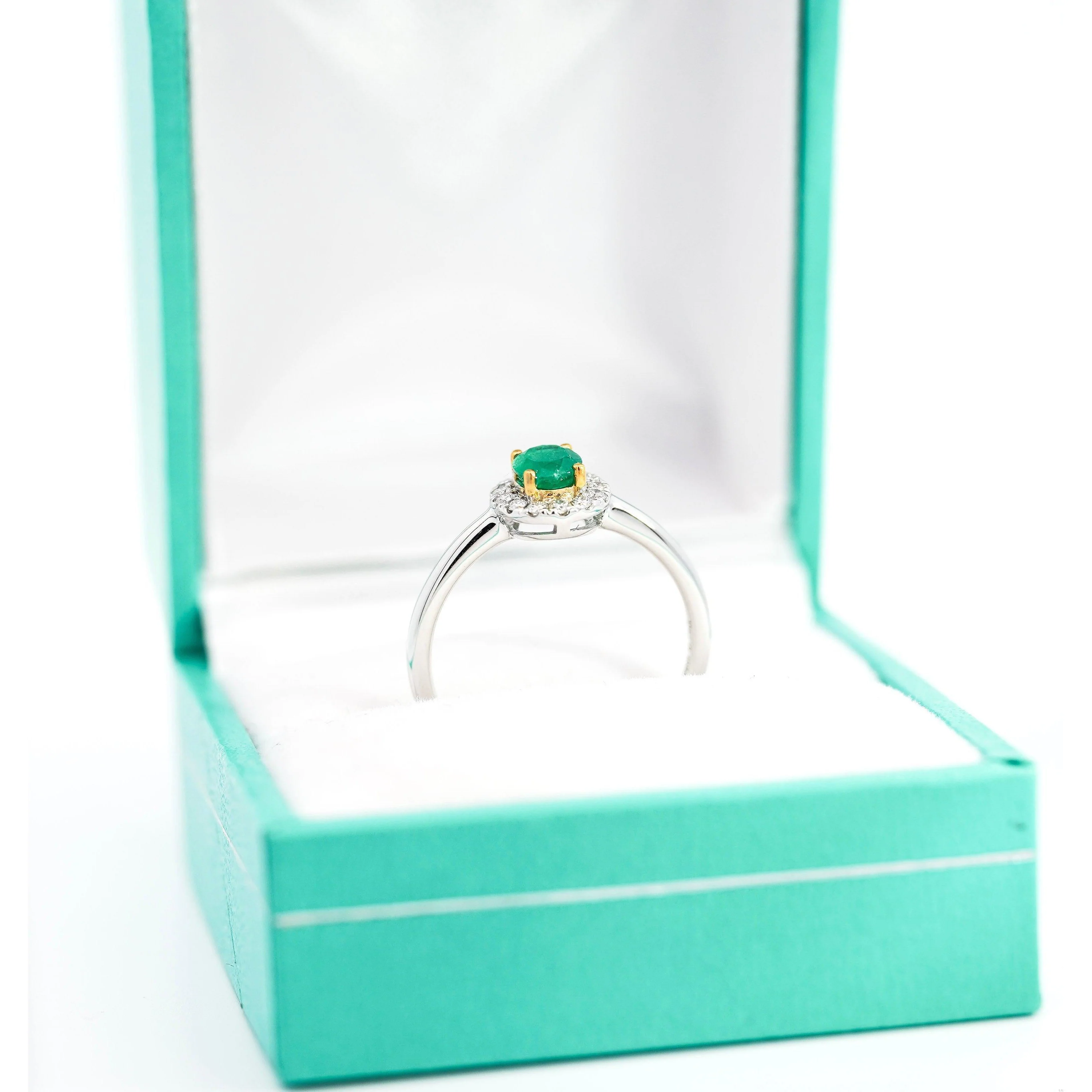 2/3 Carat Natural Emerald & Diamond Oval Halo Thin Band Ring in 18K White Gold - Image 6