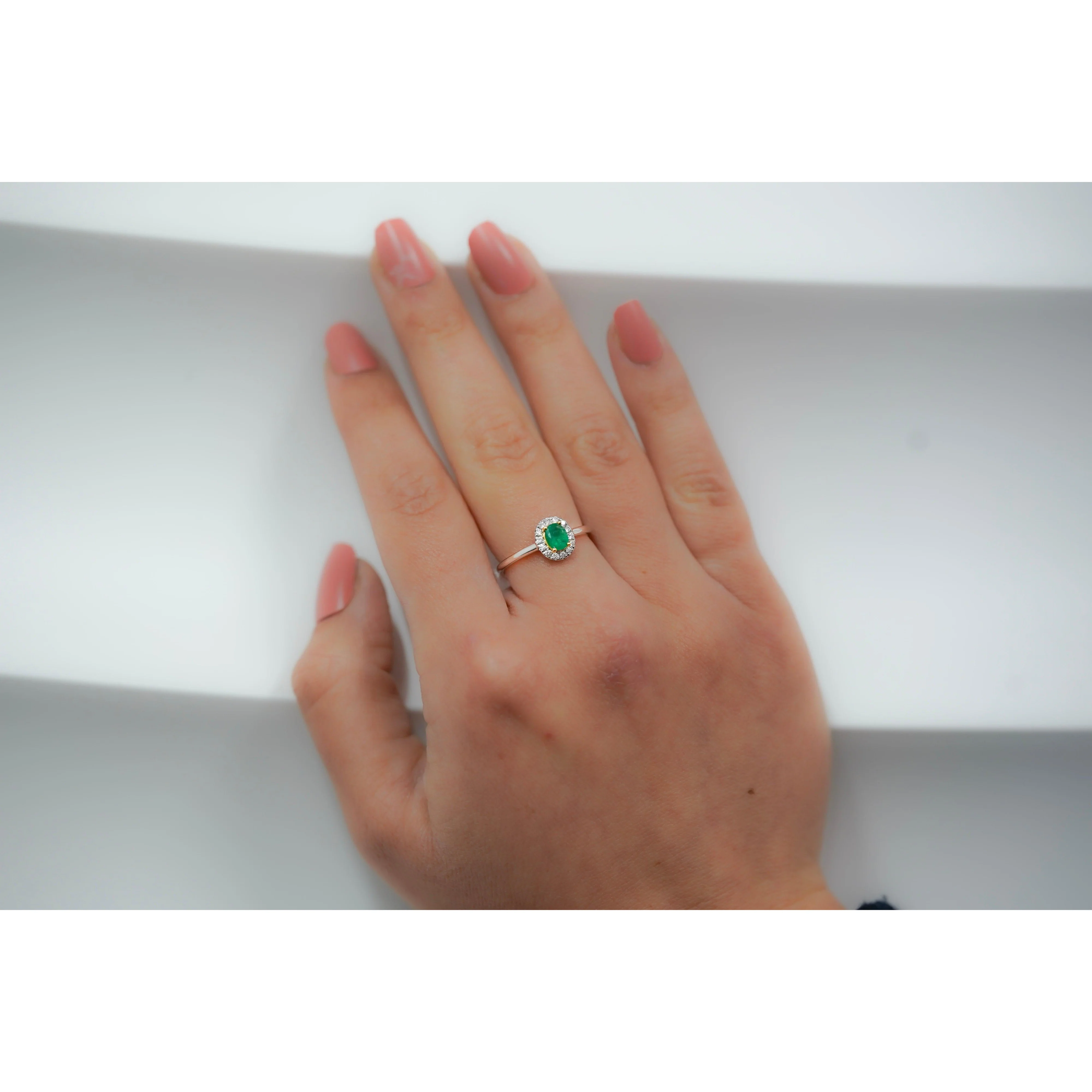 2/3 Carat Natural Emerald & Diamond Oval Halo Thin Band Ring in 18K White Gold - Image 9