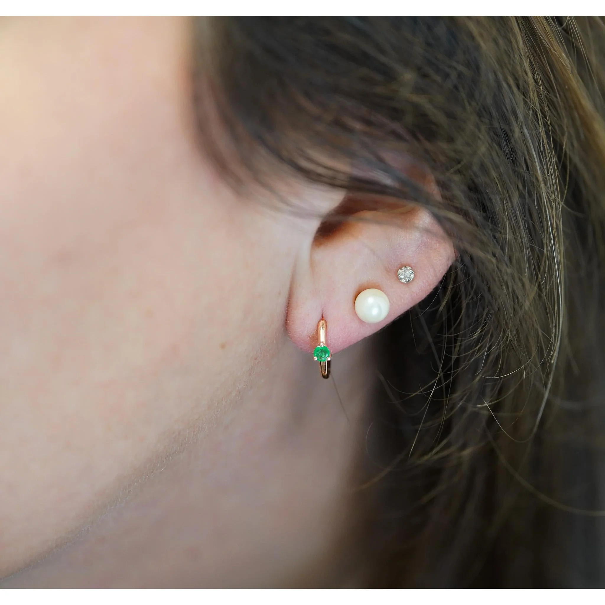 Natural Emerald Multi Placement Huggie Earrings In 14K Rose Gold - Image 5