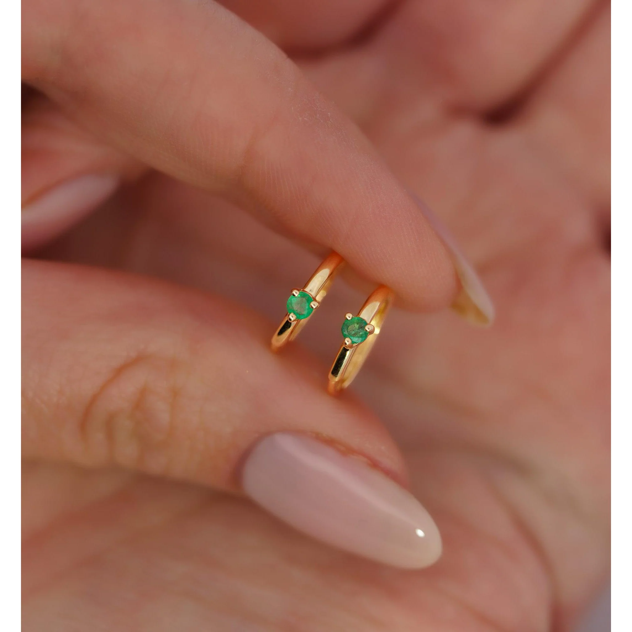 Natural Emerald Multi Placement Huggie Earrings In 14K Rose Gold - Image 8