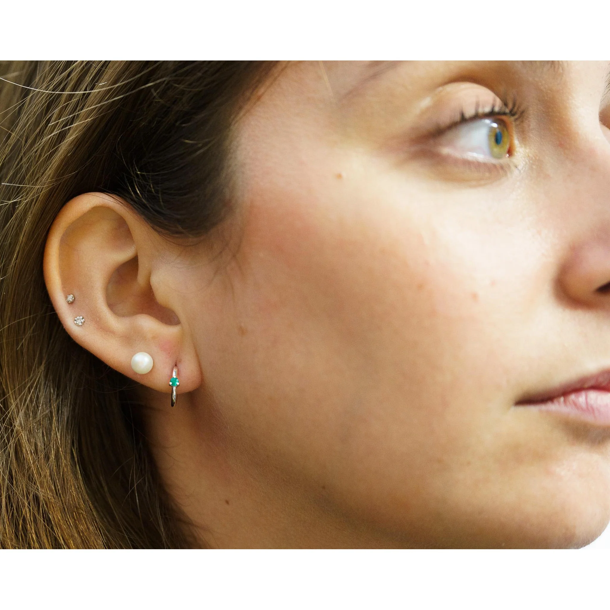 Natural Emerald Multi Placement Huggie Earrings In 14K White Gold - Image 4
