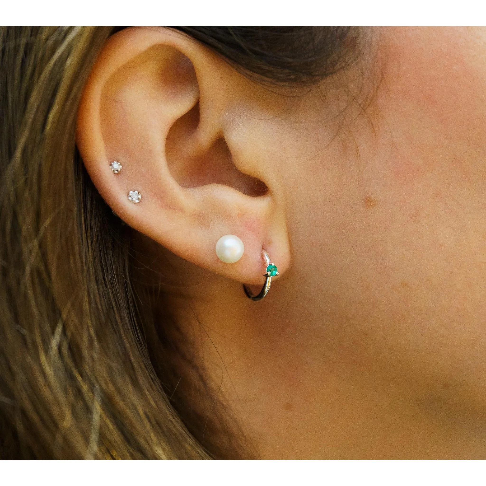 Natural Emerald Multi Placement Huggie Earrings In 14K White Gold - Image 7