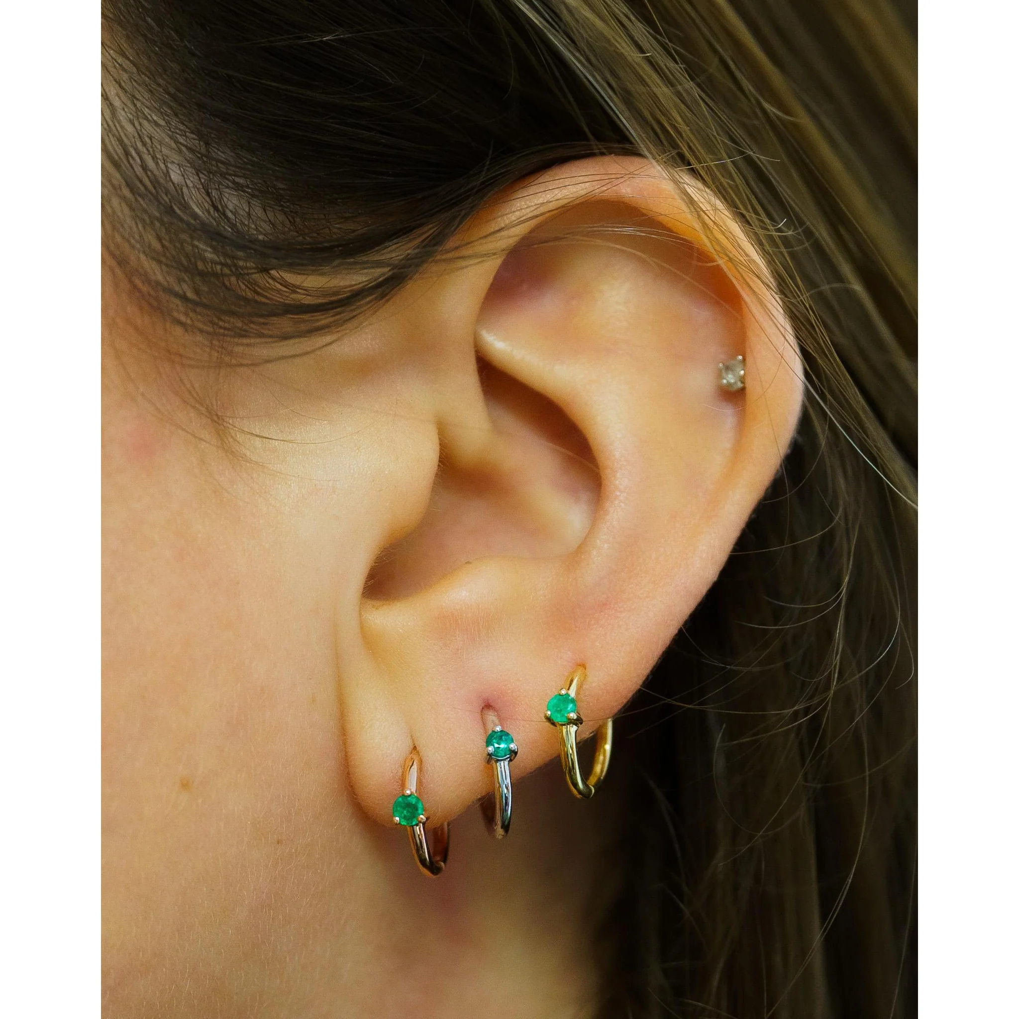 Natural Emerald Multi Placement Huggie Earrings In 14K White Gold - Image 8
