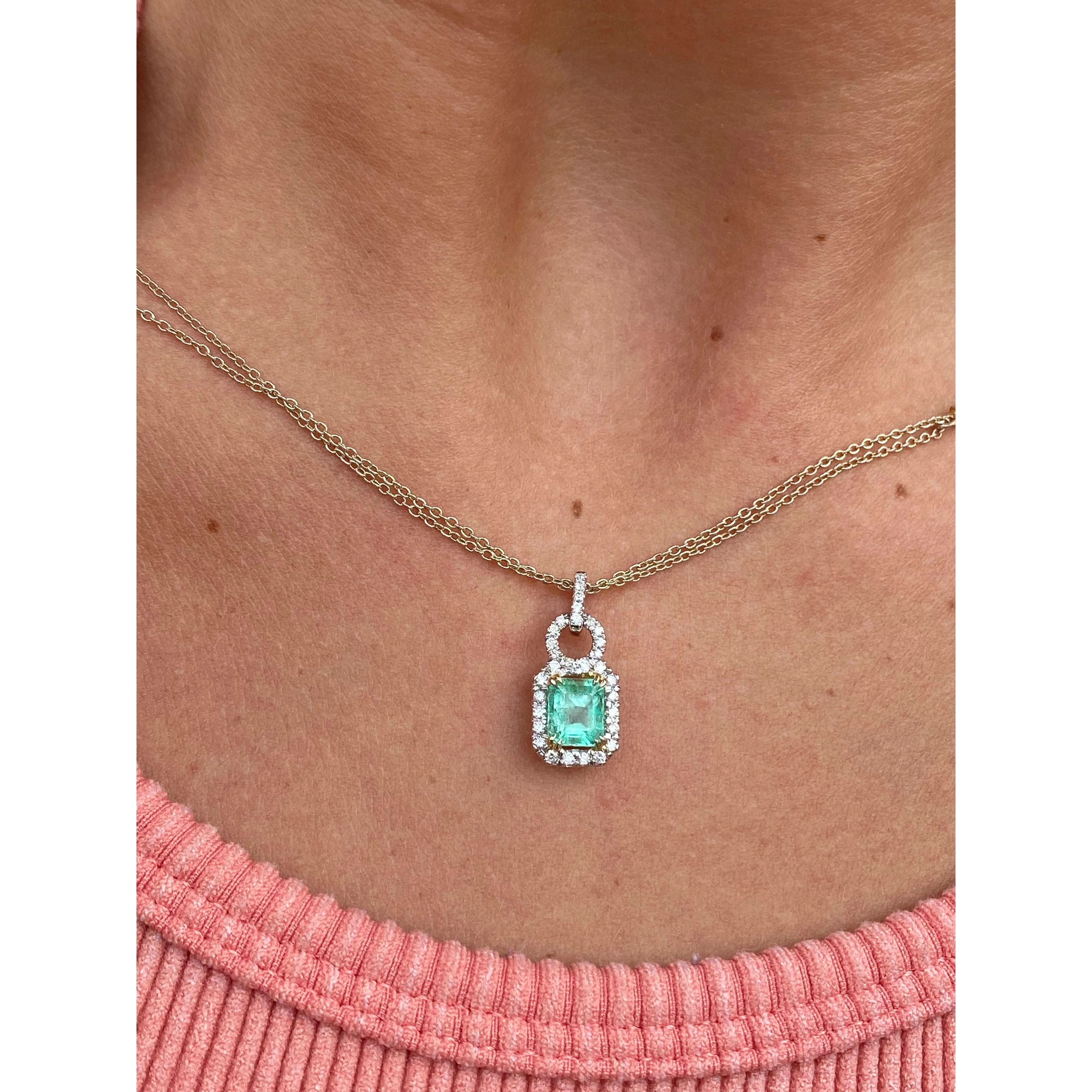Natural Emerald Pendant and Diamond Halo in 18k Solid White Gold - Image 3