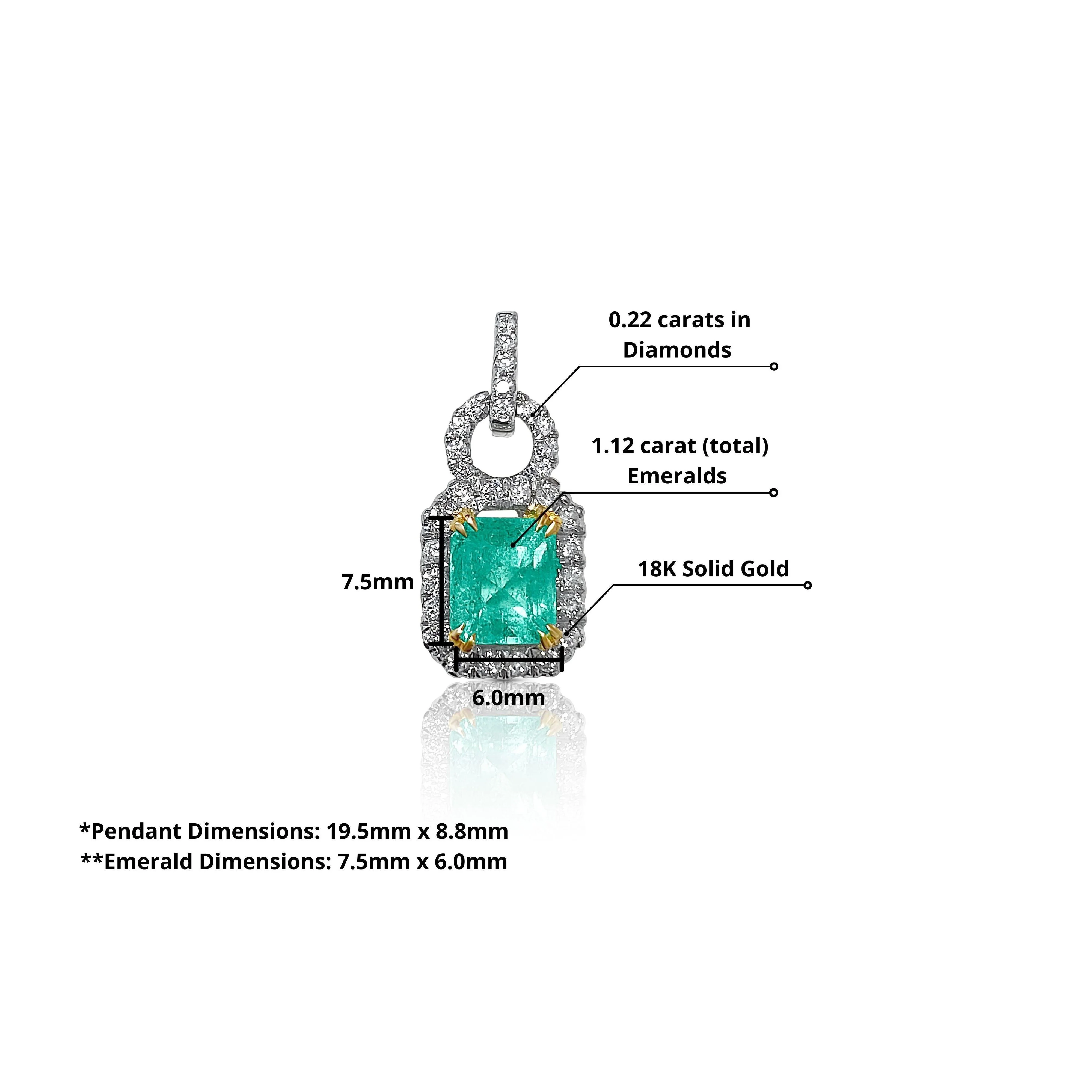 Natural Emerald Pendant and Diamond Halo in 18k Solid White Gold - Image 4