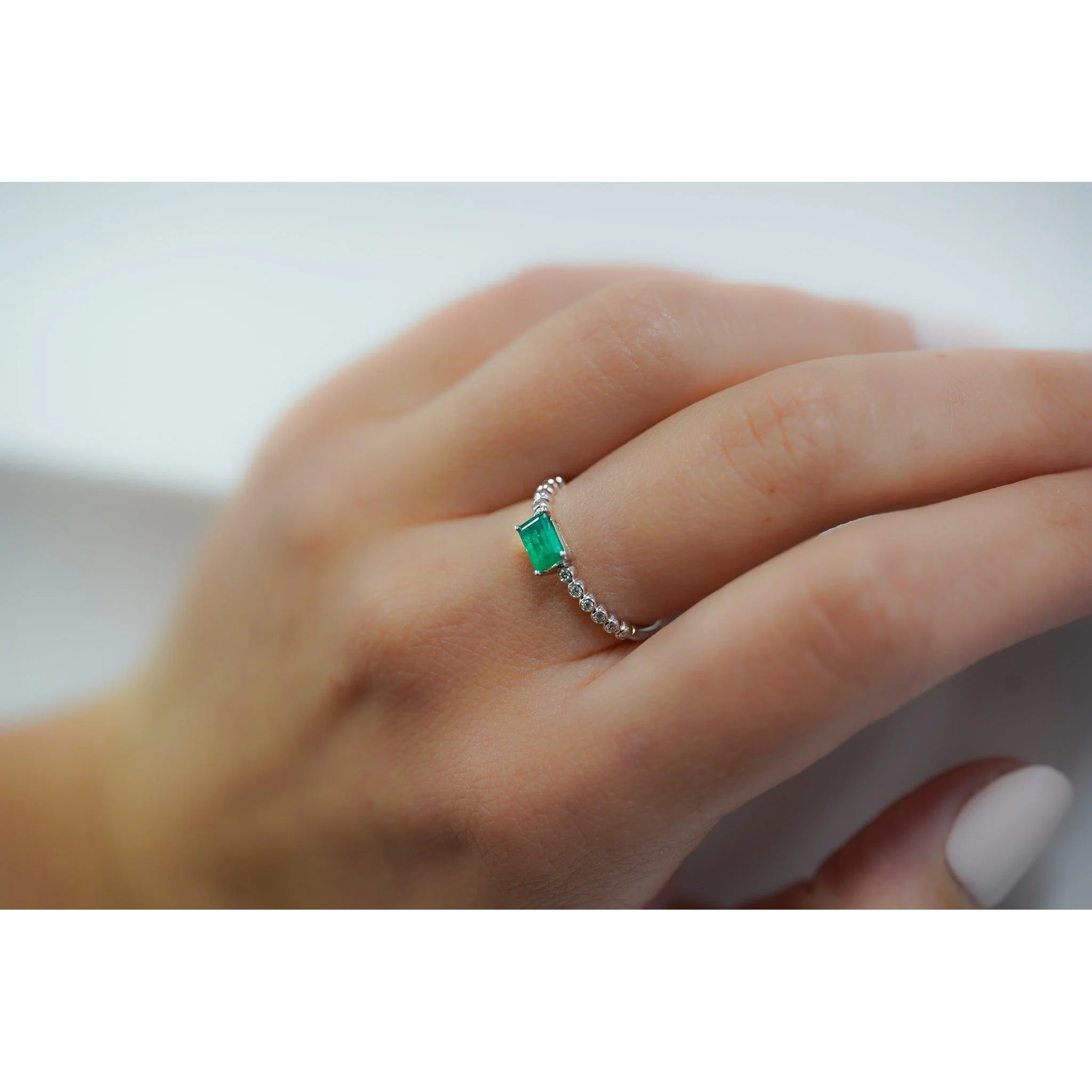Emerald & Diamond Ribbed Shank Thin Stacking Ring 18K Gold - Image 10