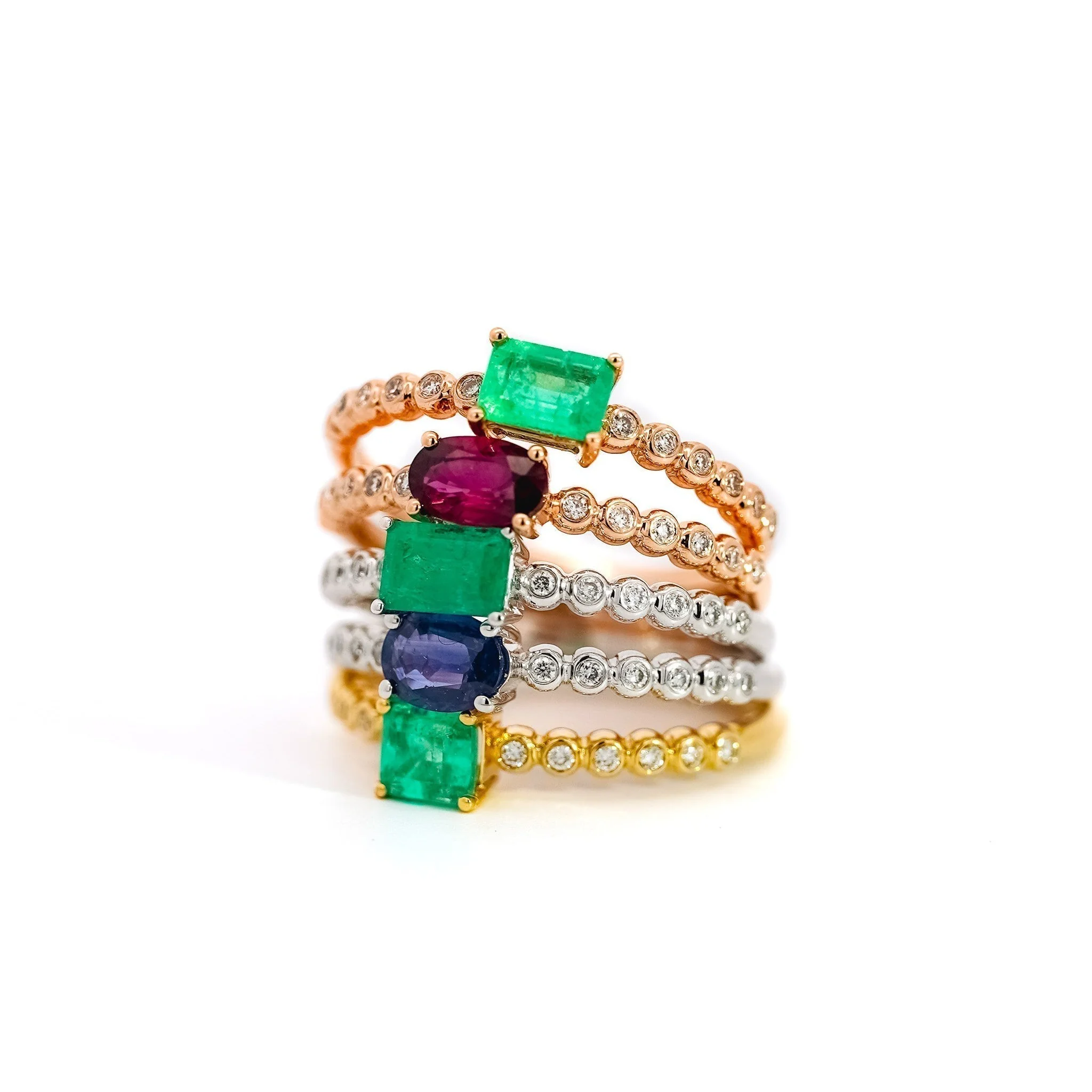 Emerald & Diamond Ribbed Shank Thin Stacking Ring 18K Gold - Image 13