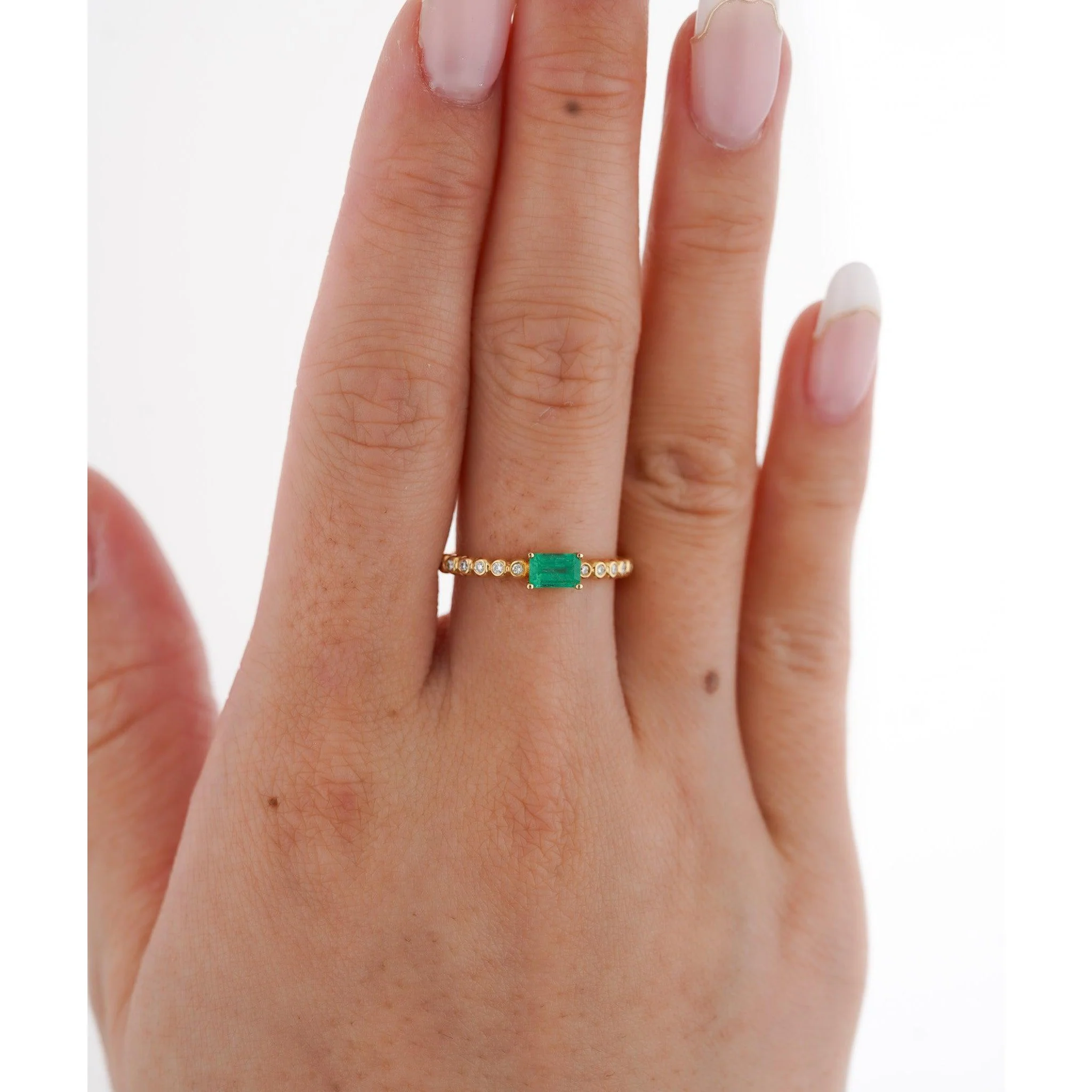 Emerald & Diamond Ribbed Shank Thin Stacking Ring 18K Gold - Image 6