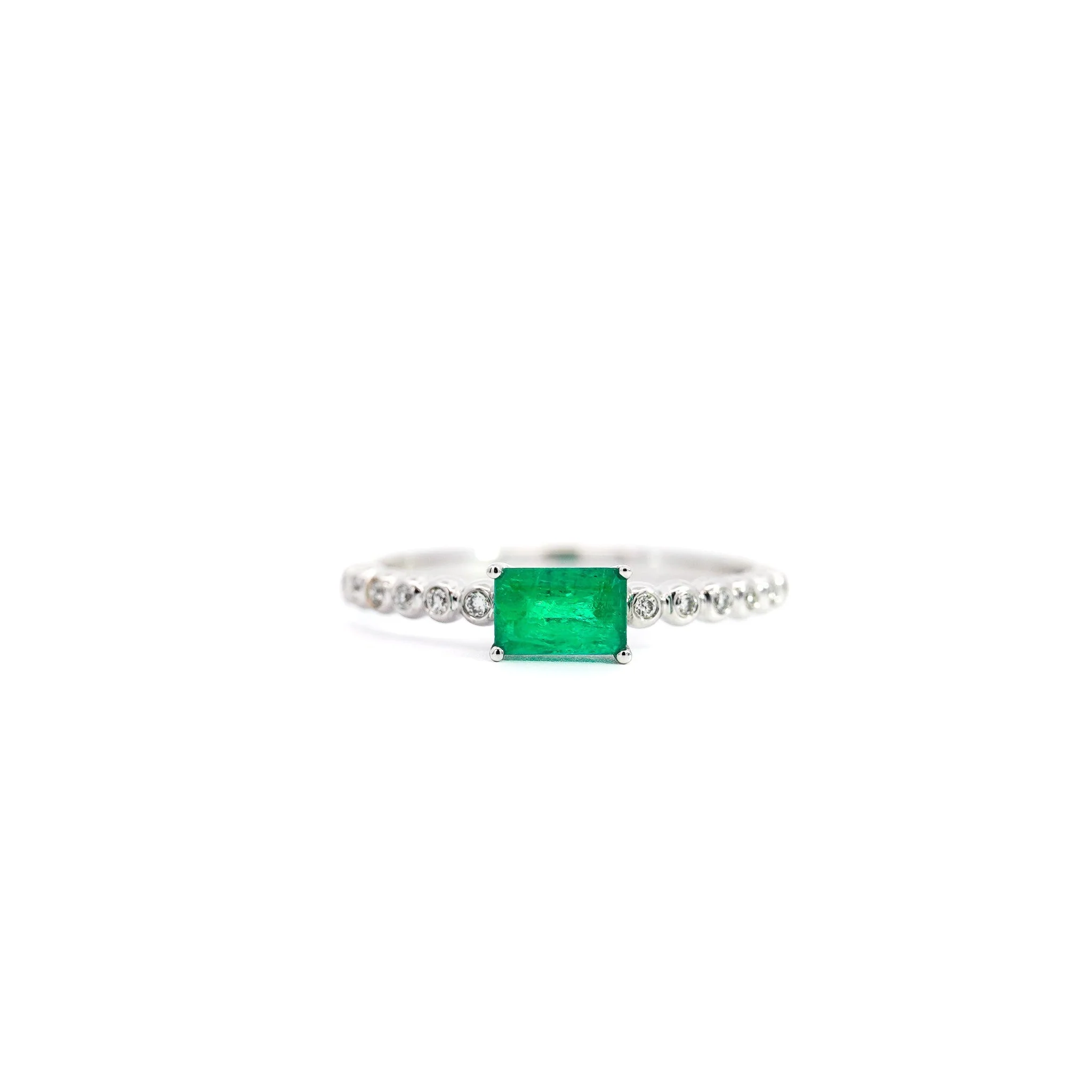 Emerald & Diamond Ribbed Shank Thin Stacking Ring 18K Gold - Image 7