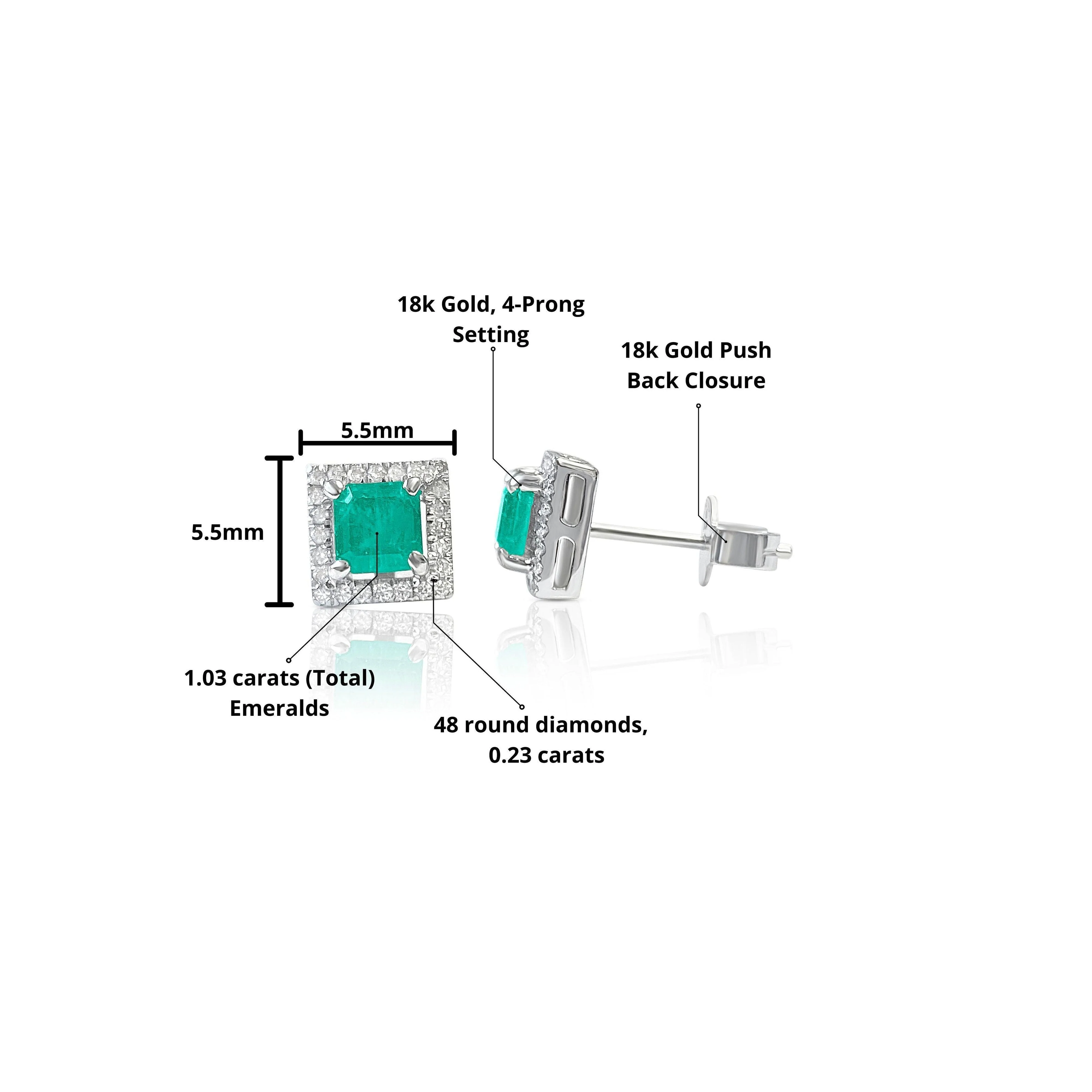 Natural Emerald Stud Earrings with diamond halo in 18k Solid Gold - Image 3