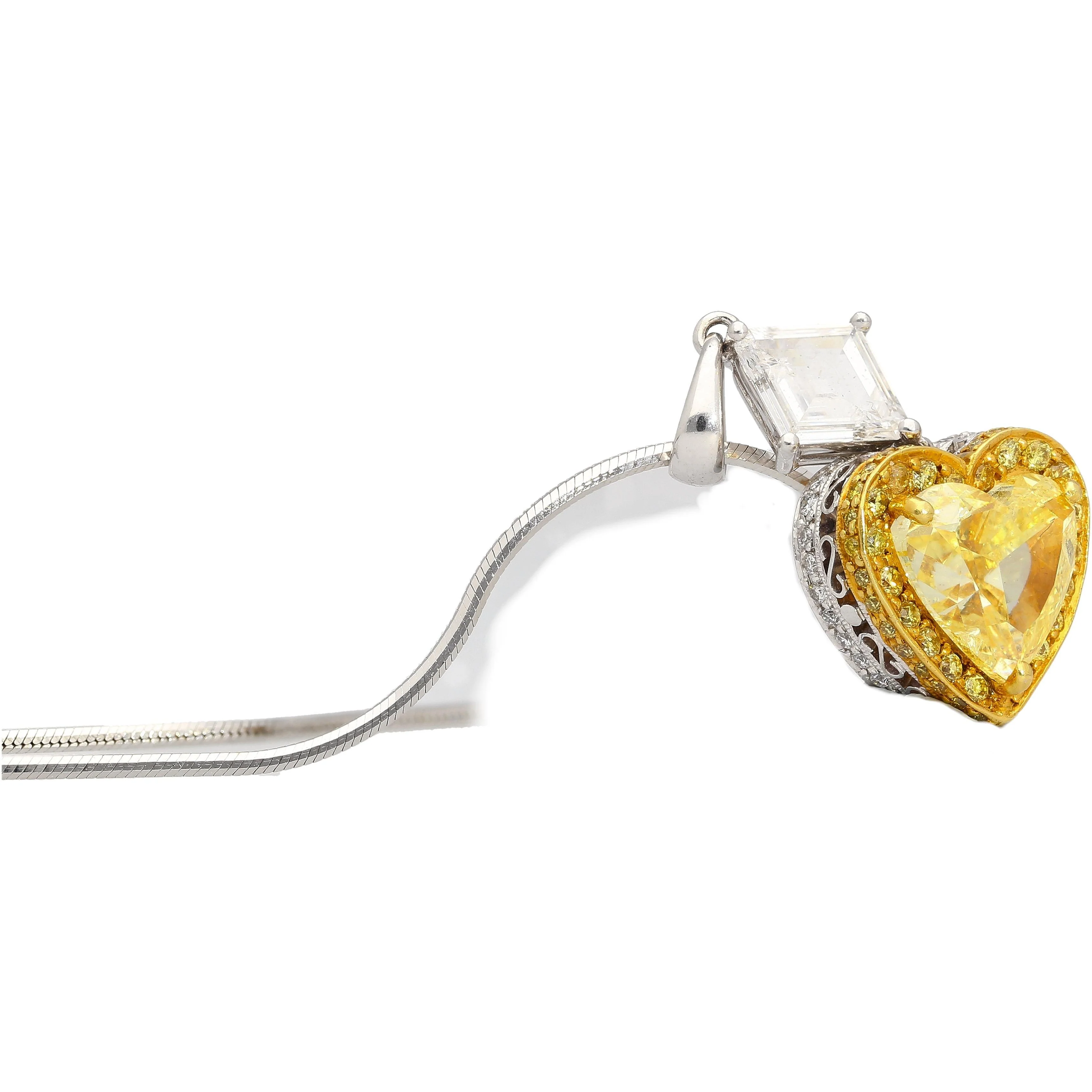 Natural GIA Certified 2.02 Carat Fancy Yellow Diamond Heart Platinum Necklace - Image 2