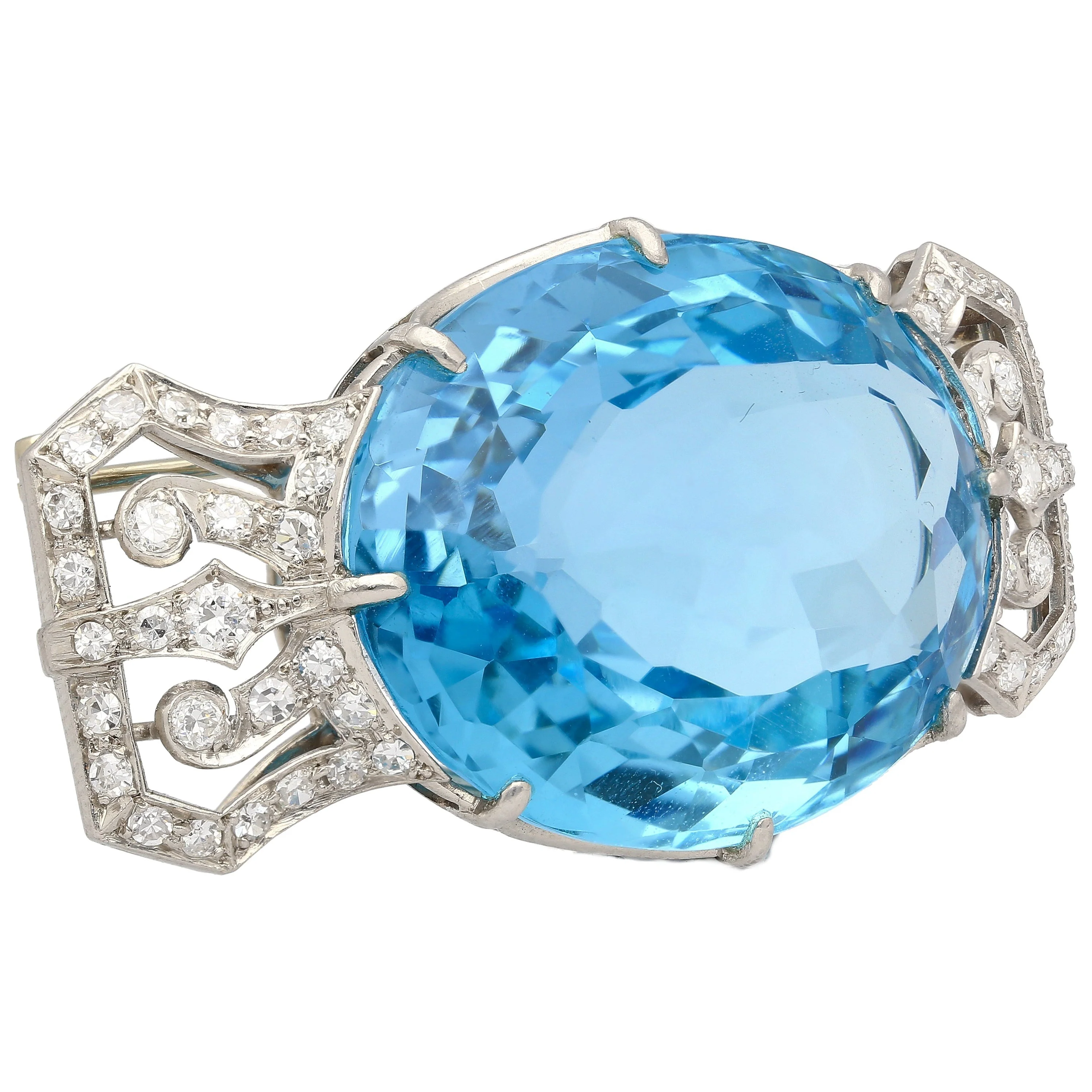 GIA Certified Vintage 62 Carat Aquamarine with Diamond Platinum Brooch/Pin - Image 3