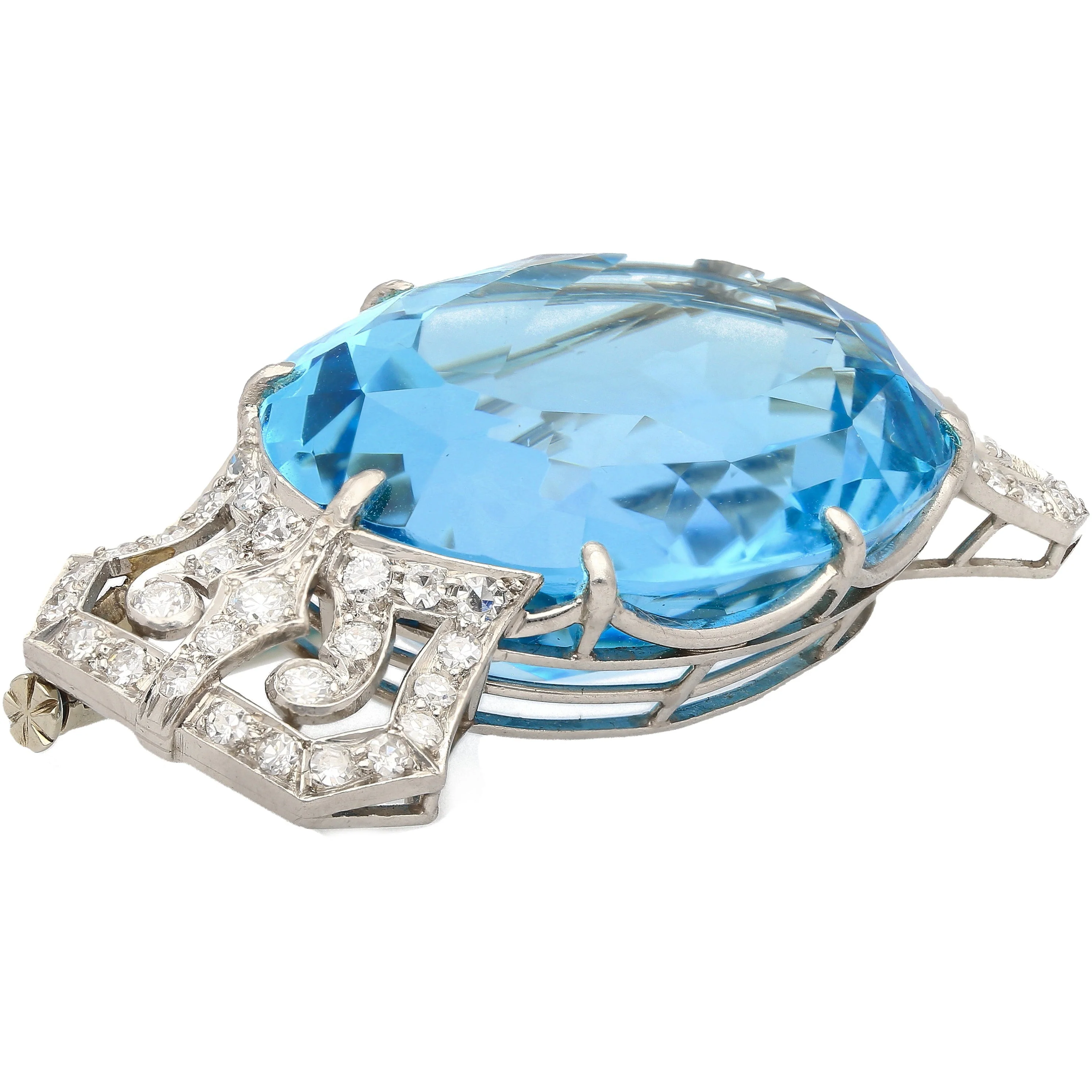 GIA Certified Vintage 62 Carat Aquamarine with Diamond Platinum Brooch/Pin - Image 4
