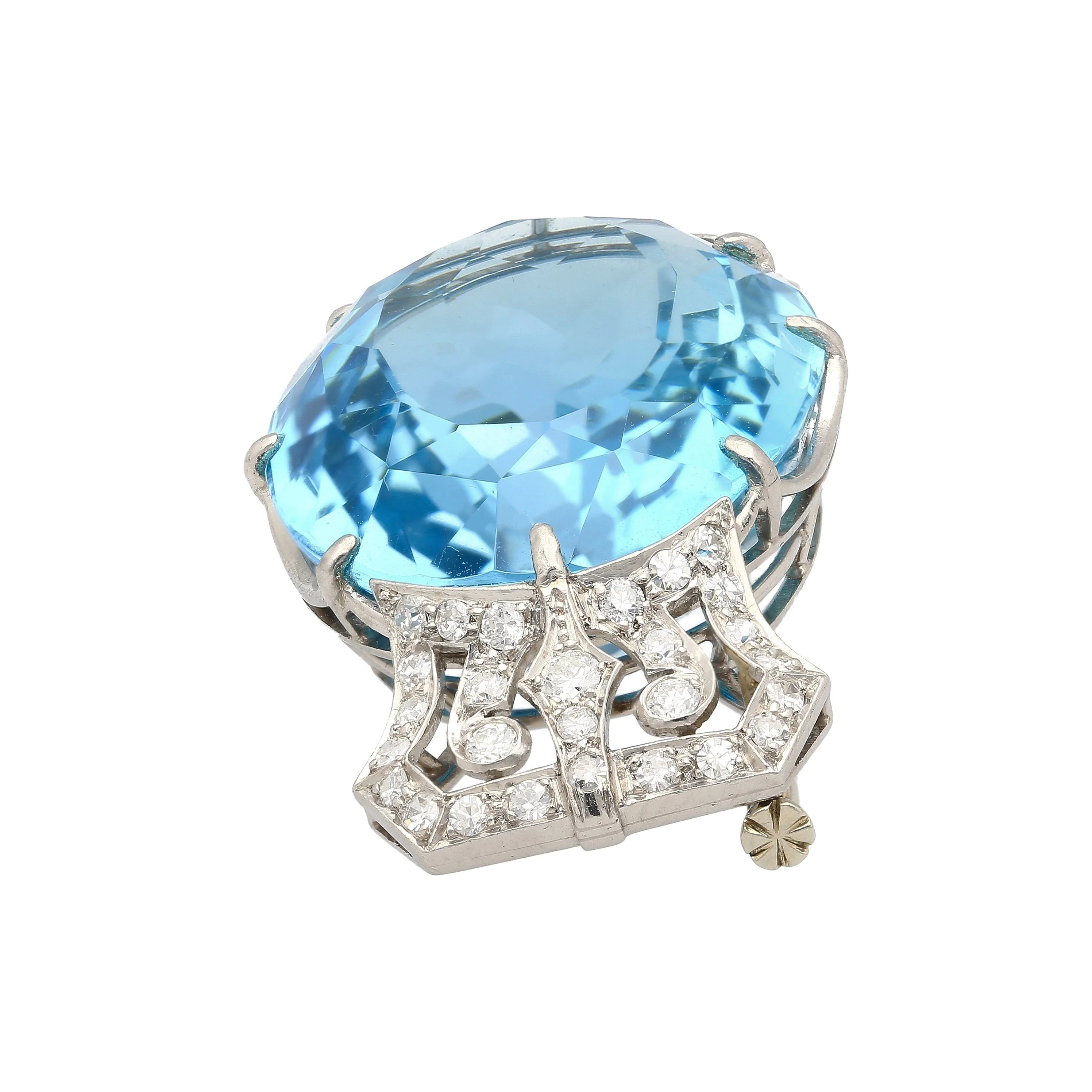 GIA Certified Vintage 62 Carat Aquamarine with Diamond Platinum Brooch/Pin - Image 5