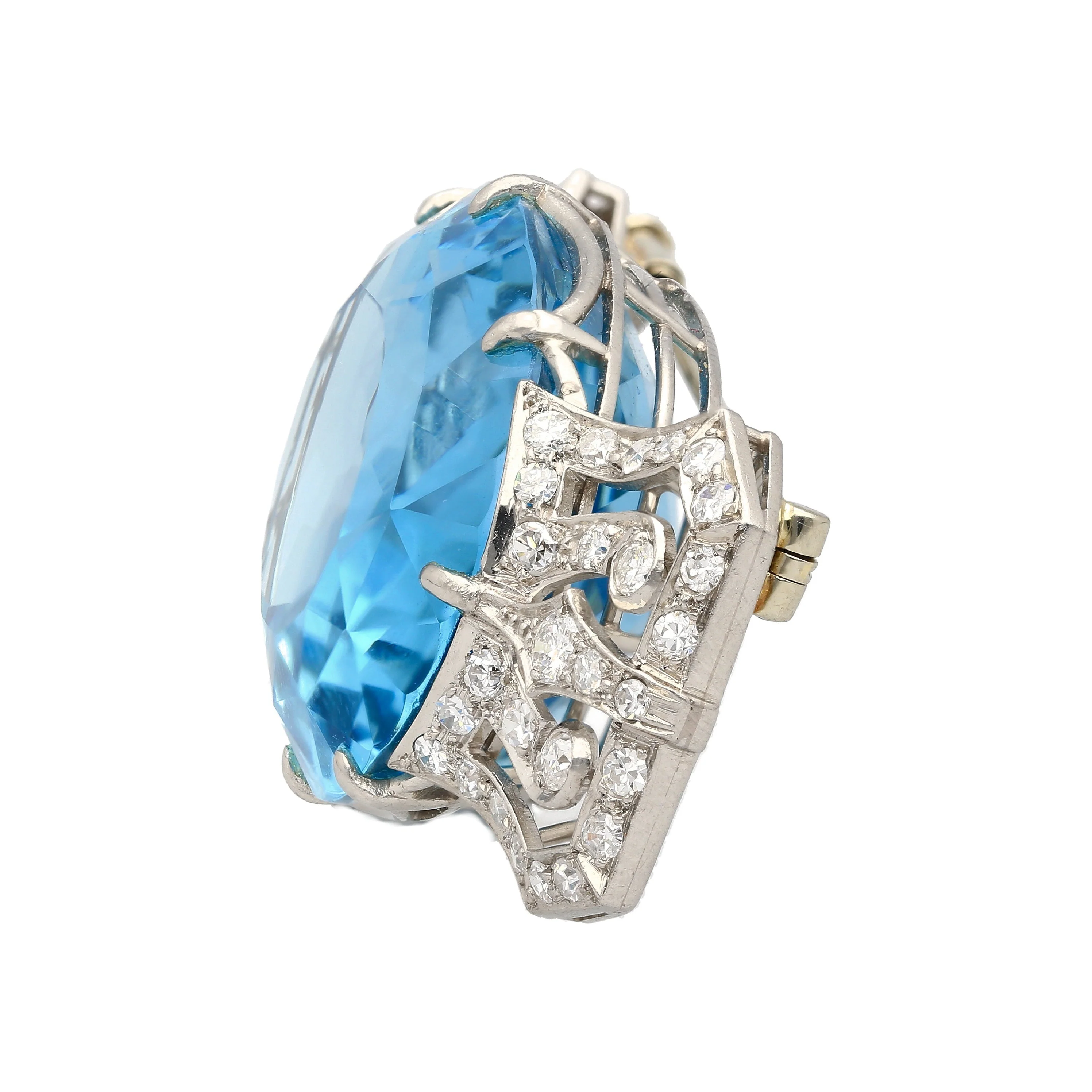 GIA Certified Vintage 62 Carat Aquamarine with Diamond Platinum Brooch/Pin - Image 6