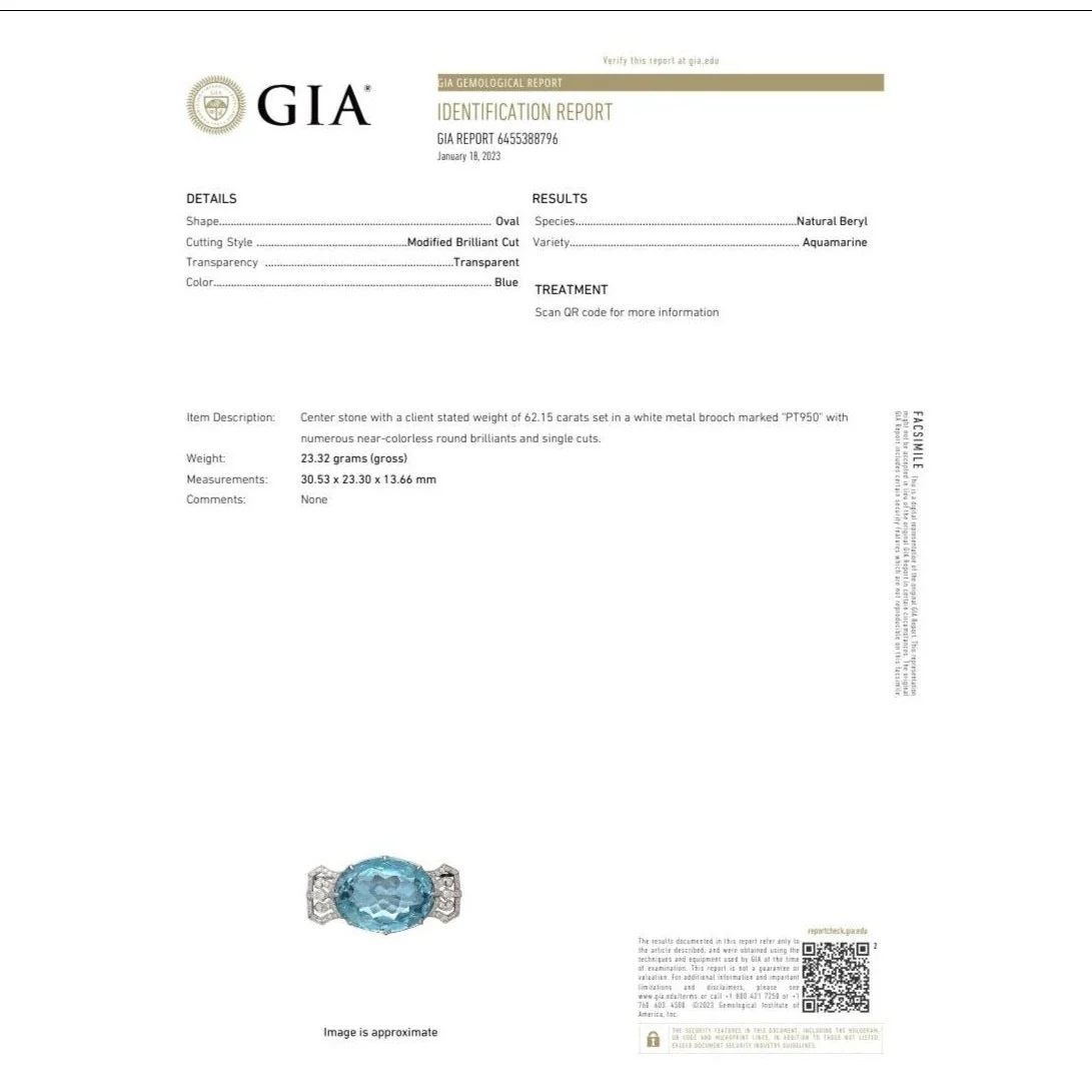 GIA Certified Vintage 62 Carat Aquamarine with Diamond Platinum Brooch/Pin - Image 8