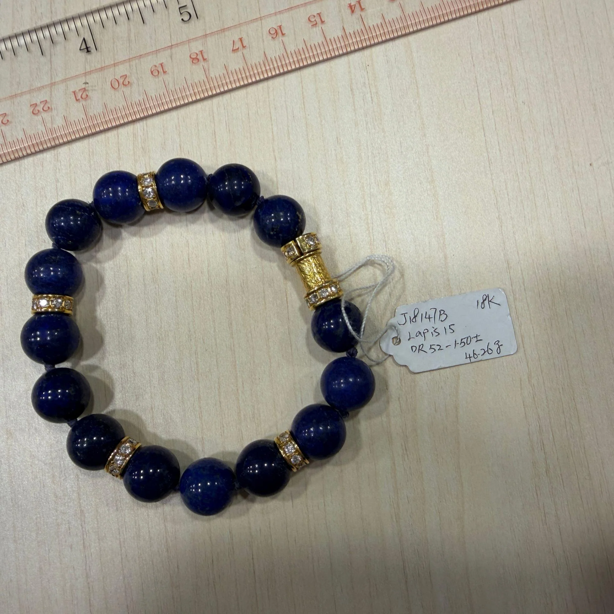 Natural Lapis Lazuli 15 Bead 52 Diamond Rondelle 18K Gold 8 Inch Bracelet - Image 8