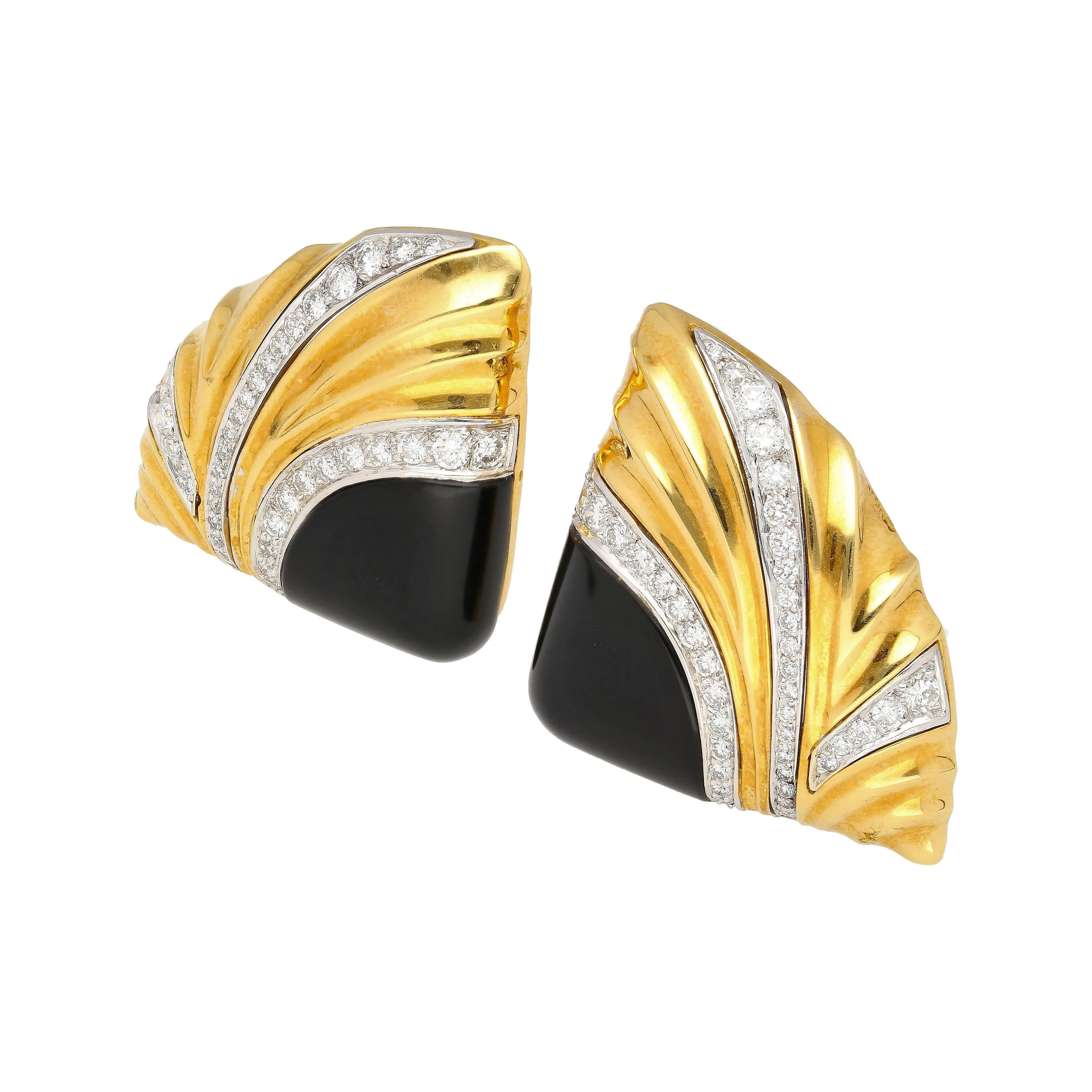 Natural Onyx & Diamond Earrings in Textured Ribbed 18K Yellow Gold and Platinum - Image 6