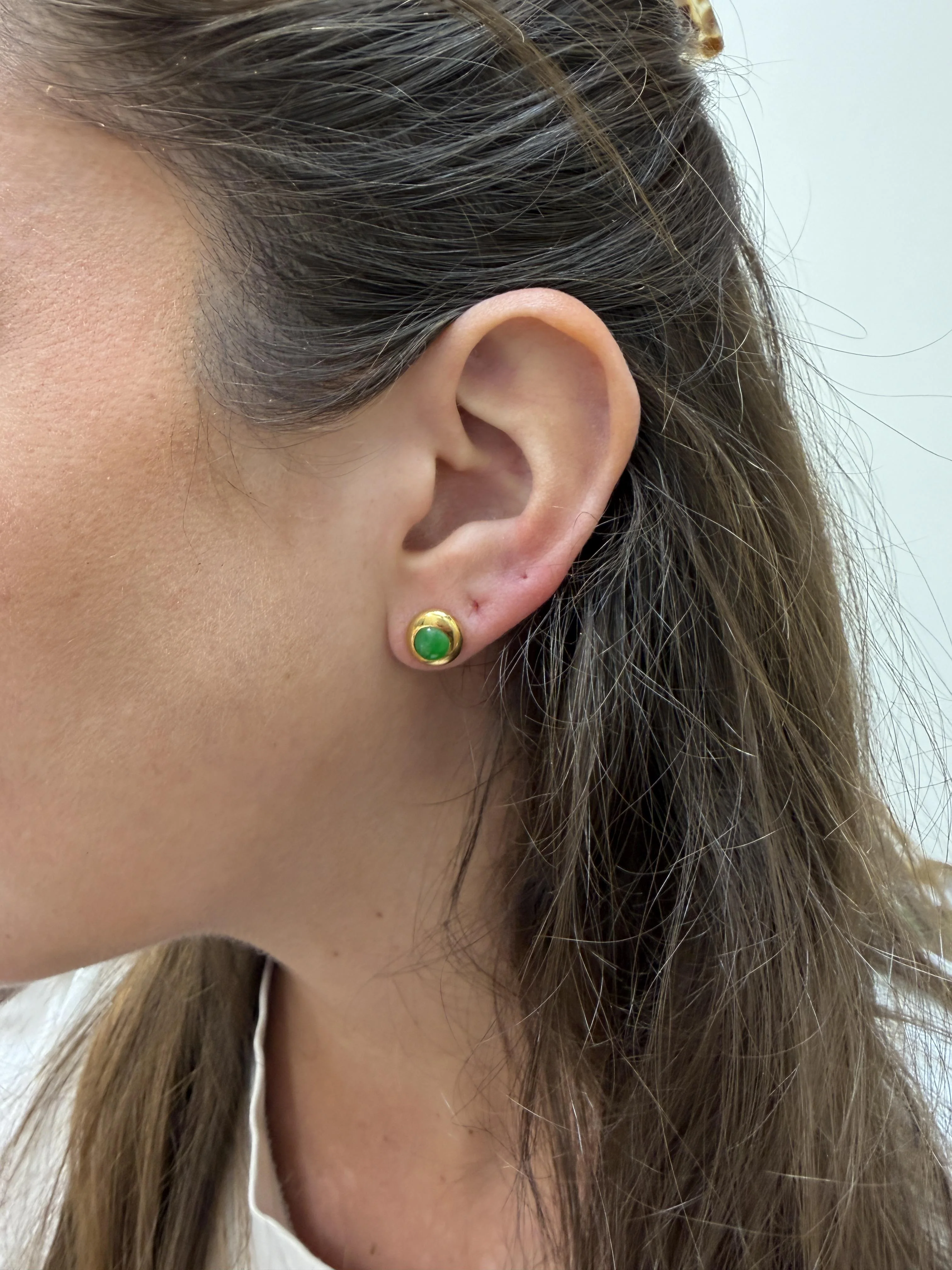 Natural Oval Cabochon Jadeite Jade Bezel Set in 18K Yellow Gold Stud Earrings - Image 4