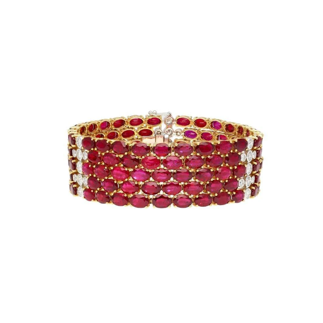 72 Carat Oval Ruby 5-Row Multi Link Tennis Bracelet in 18K Gold - Image 3