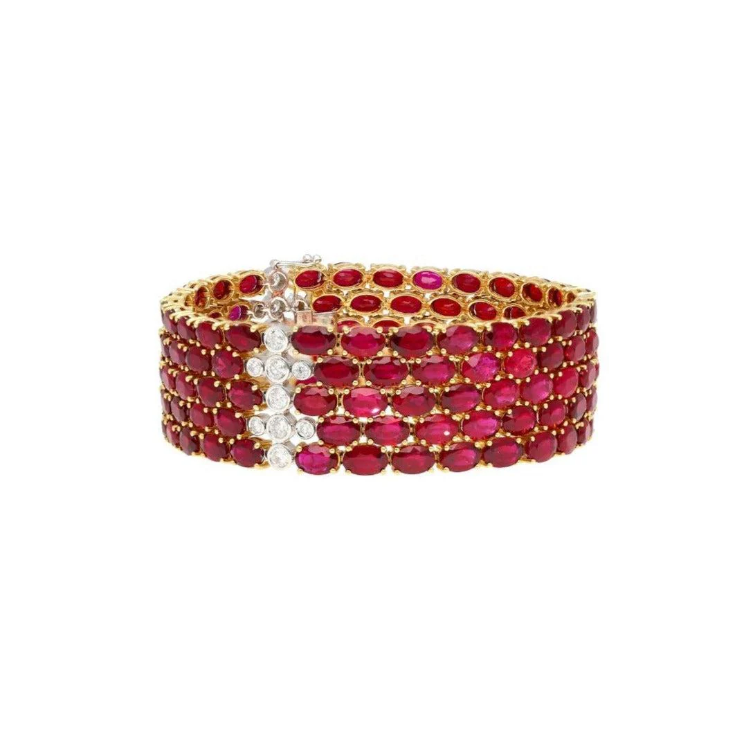 72 Carat Oval Ruby 5-Row Multi Link Tennis Bracelet in 18K Gold - Image 4