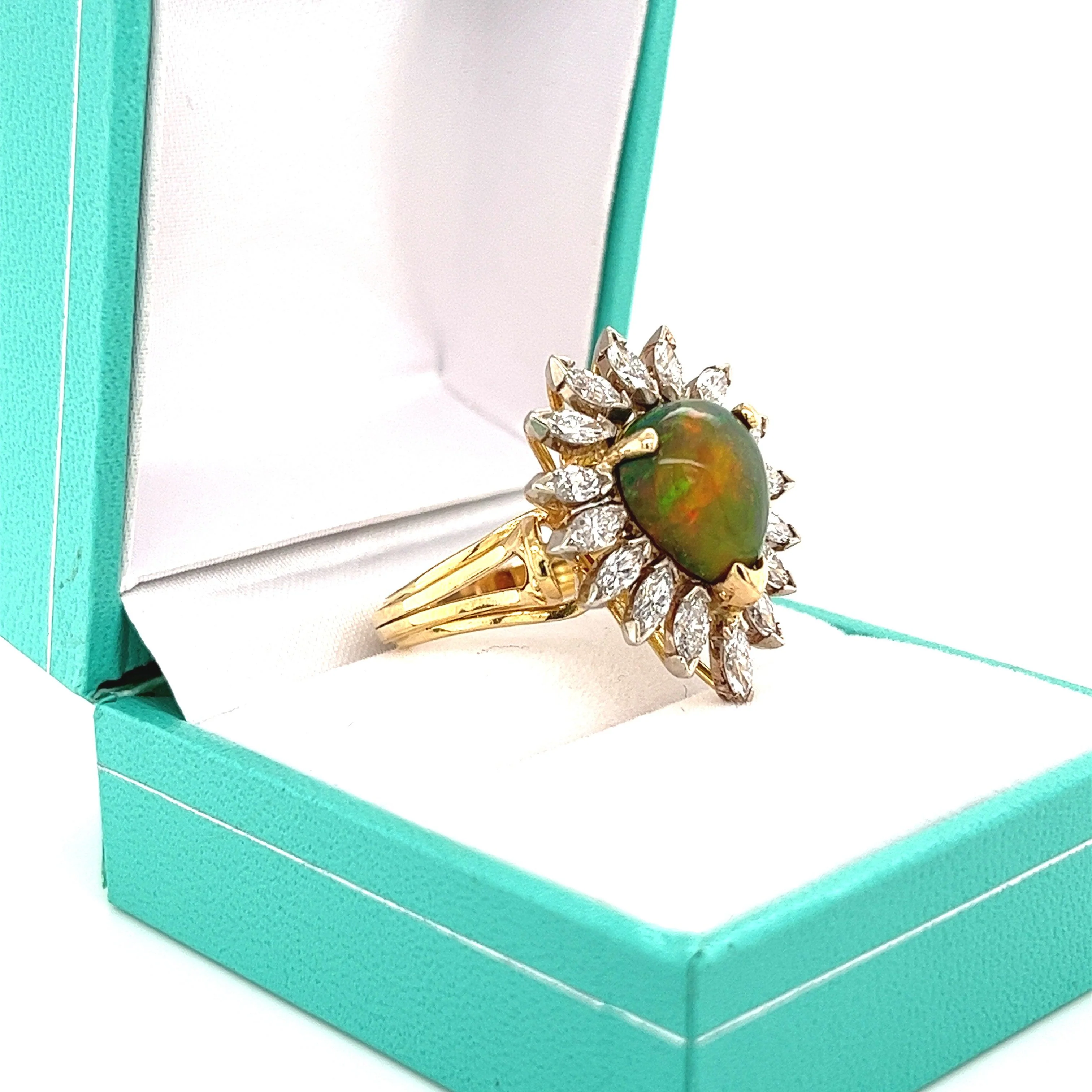 Natural Pear Shape Opal and Marquise Cut Diamond Halo Ring - Image 4