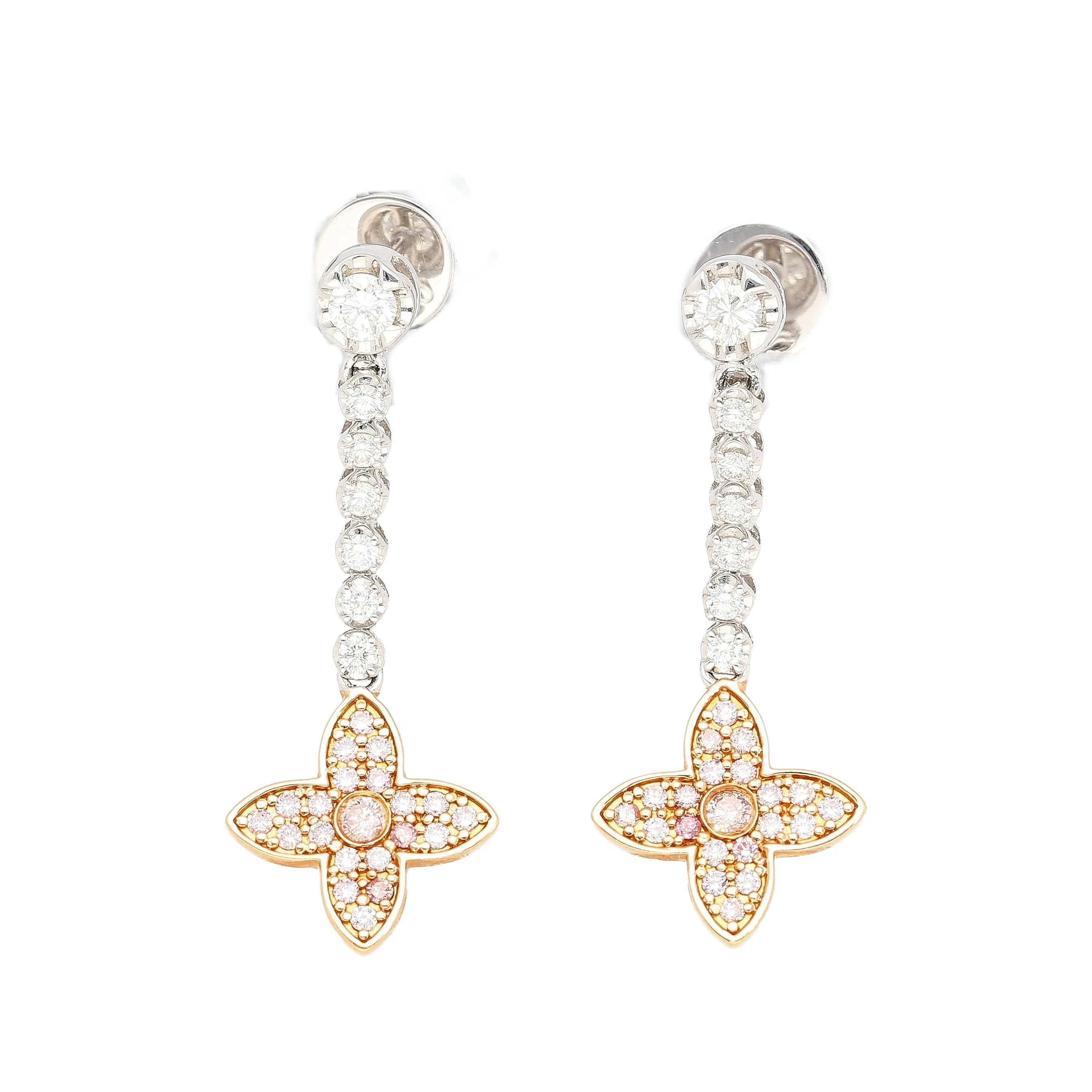 Natural Pink & White Diamond Floral Drop Earrings in 18k White and Rose Gold - Image 4