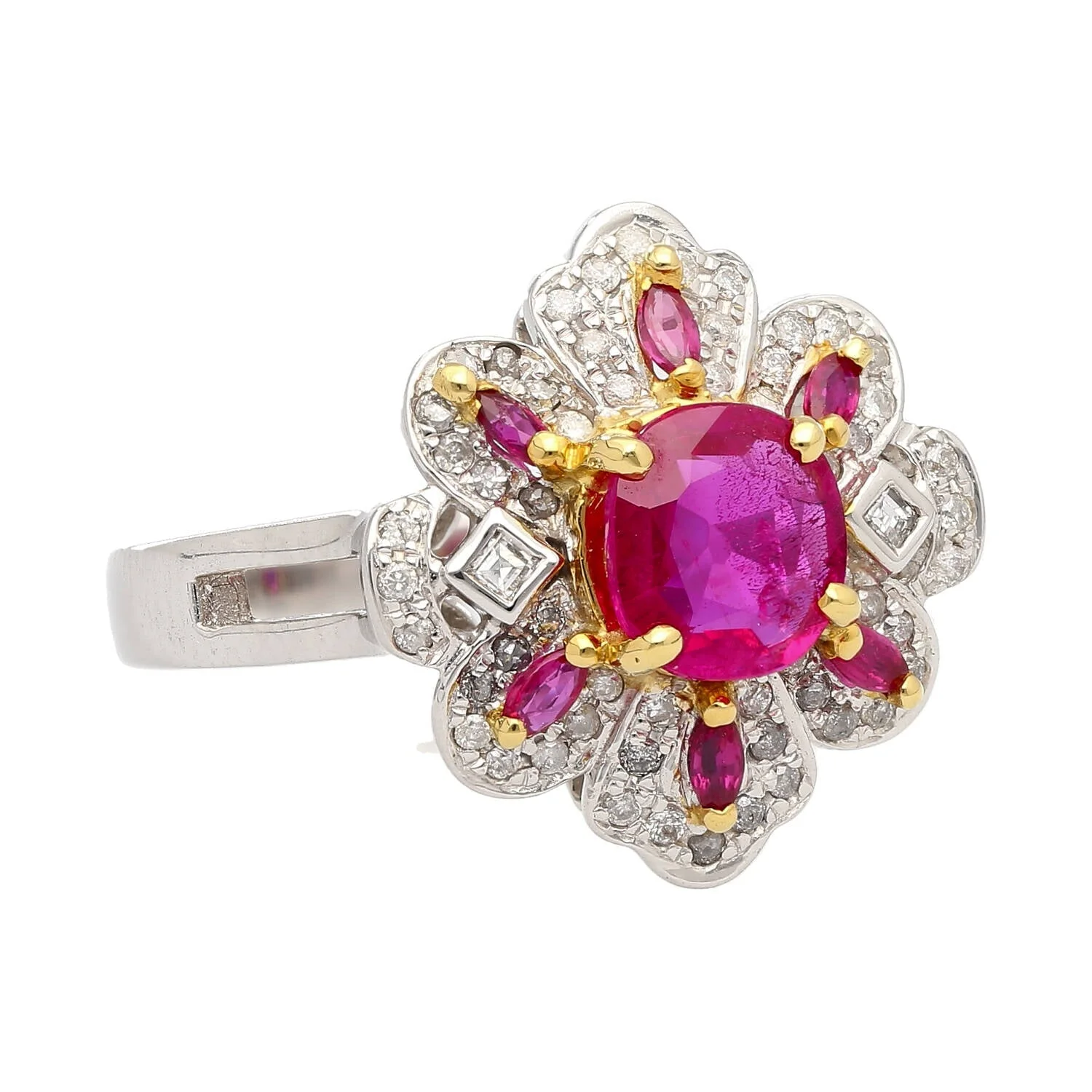 1.38 CTTW Natural Pinkish Red Ruby & Diamond Floral Motif Ring in 14K White Gold - Image 2