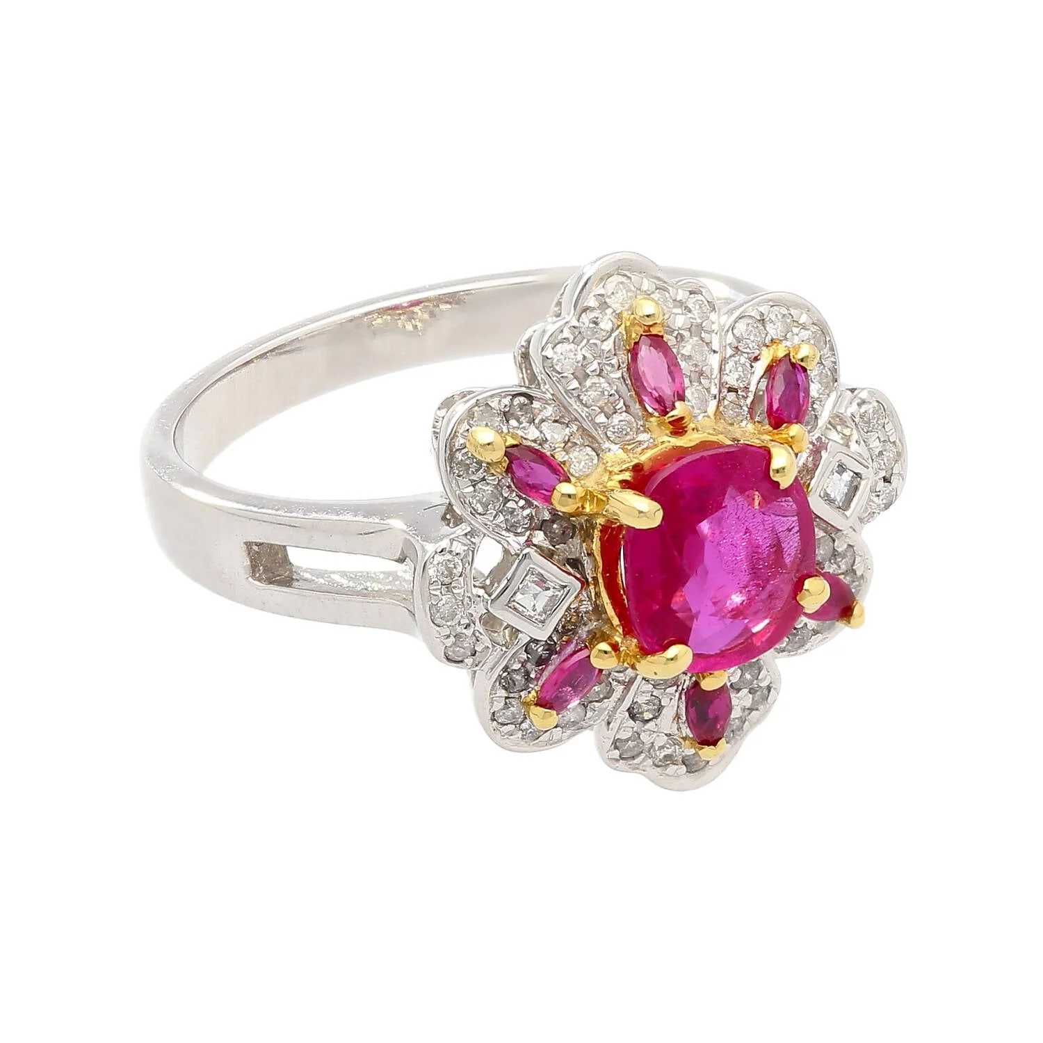 1.38 CTTW Natural Pinkish Red Ruby & Diamond Floral Motif Ring in 14K White Gold - Image 3